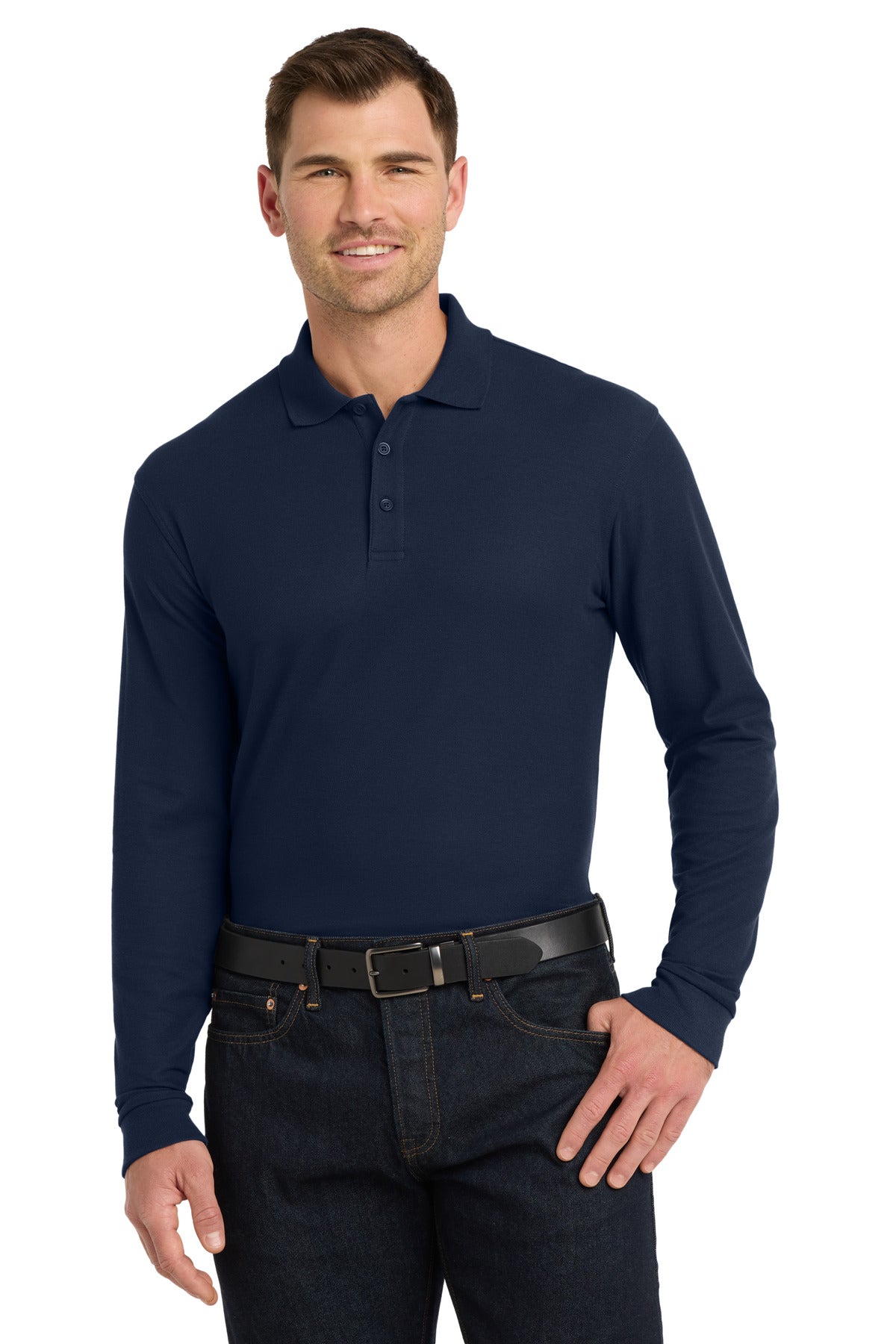 Custom logo Port Authority® Long Sleeve Core Classic Pique Polo. K100LS in River Blue Navy