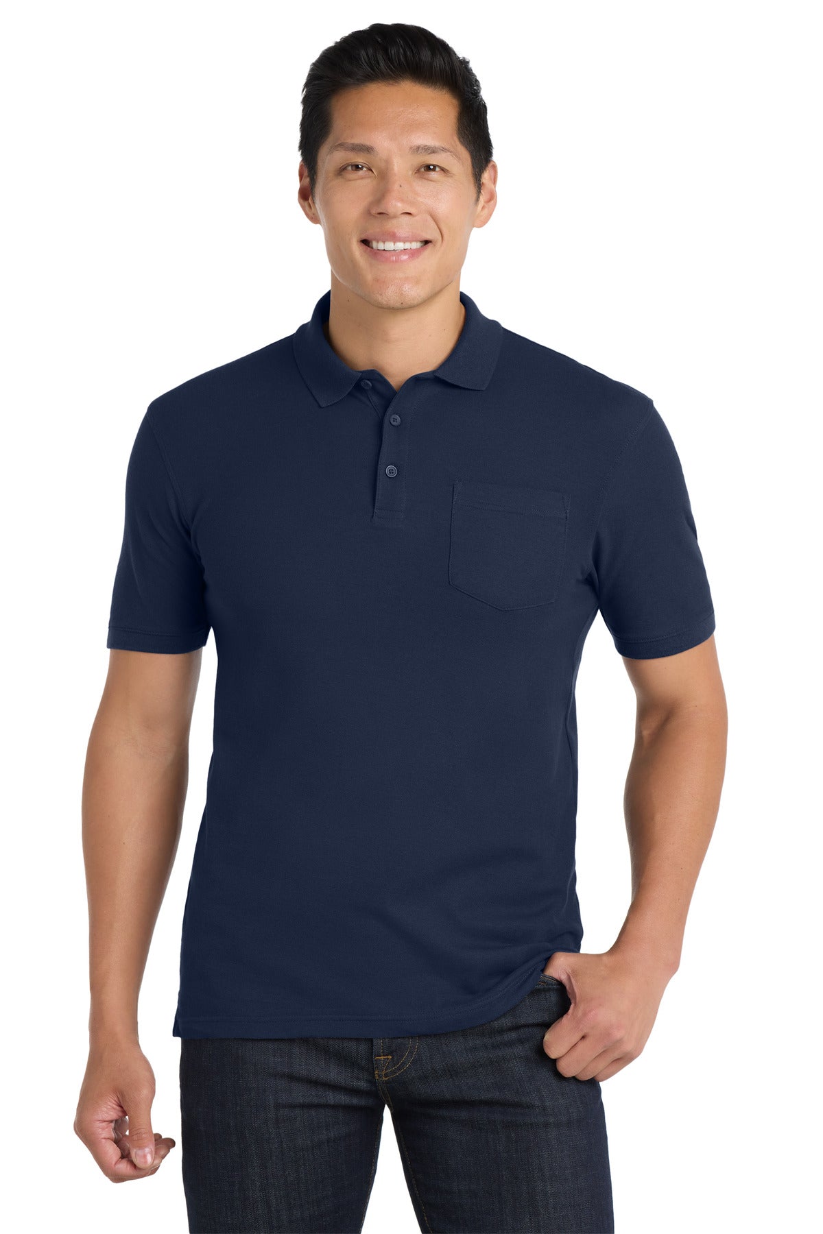 Custom logo Port Authority® Core Classic Pique Pocket Polo. K100P in River Blue Navy