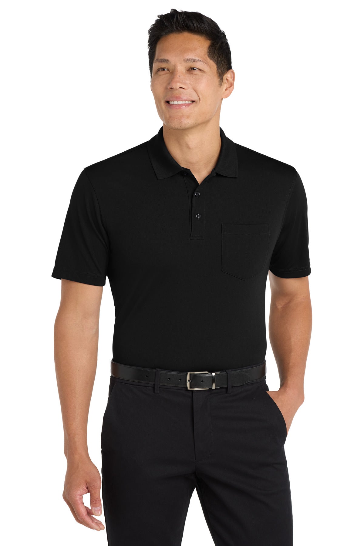 Custom logo Port Authority® Dry Zone® UV Micro-Mesh Pocket Polo. K110P in Deep Black