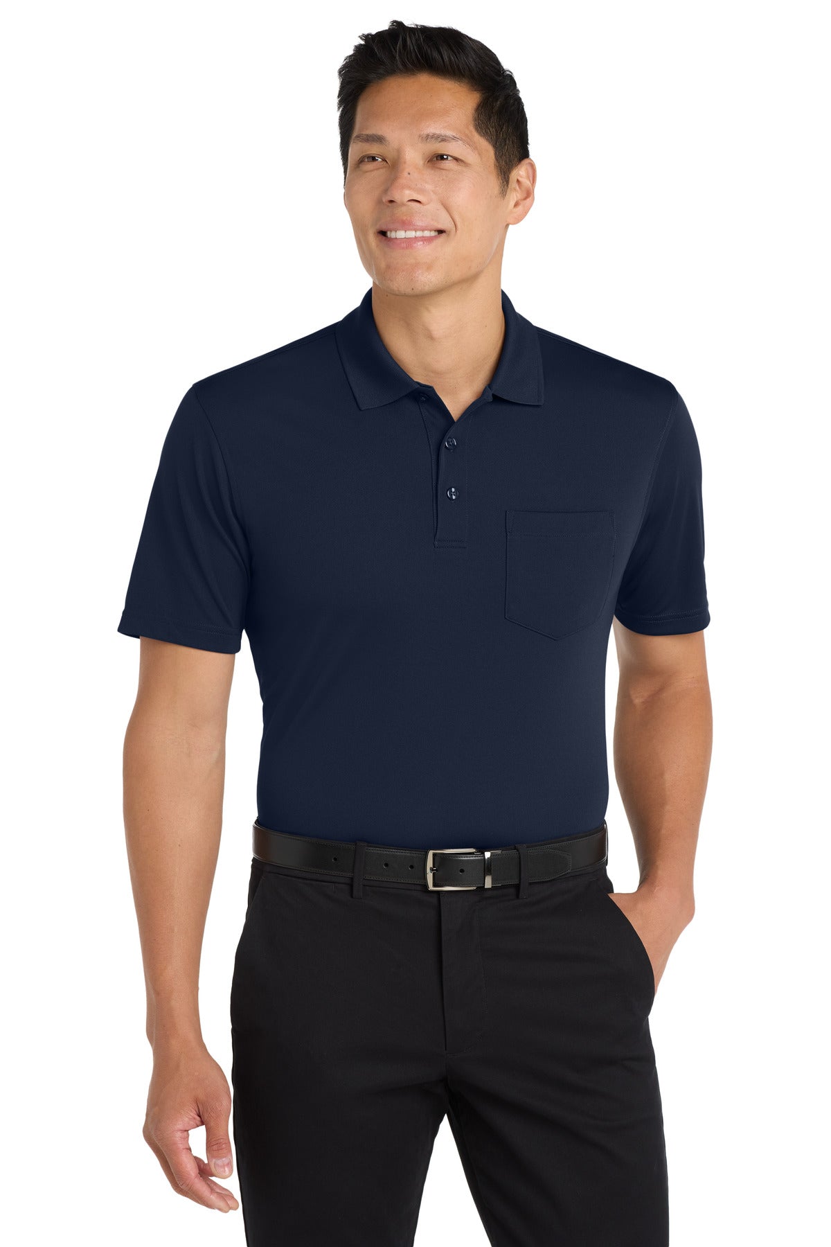 Custom logo Port Authority® Dry Zone® UV Micro-Mesh Pocket Polo. K110P in River Blue Navy