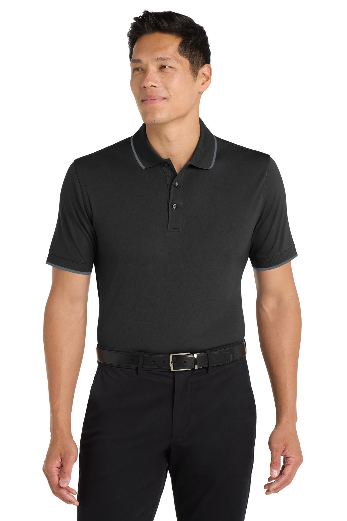 Custom logo Port Authority® Dry Zone® UV Micro-Mesh Tipped Polo. K111 in Deep Black/ Graphite