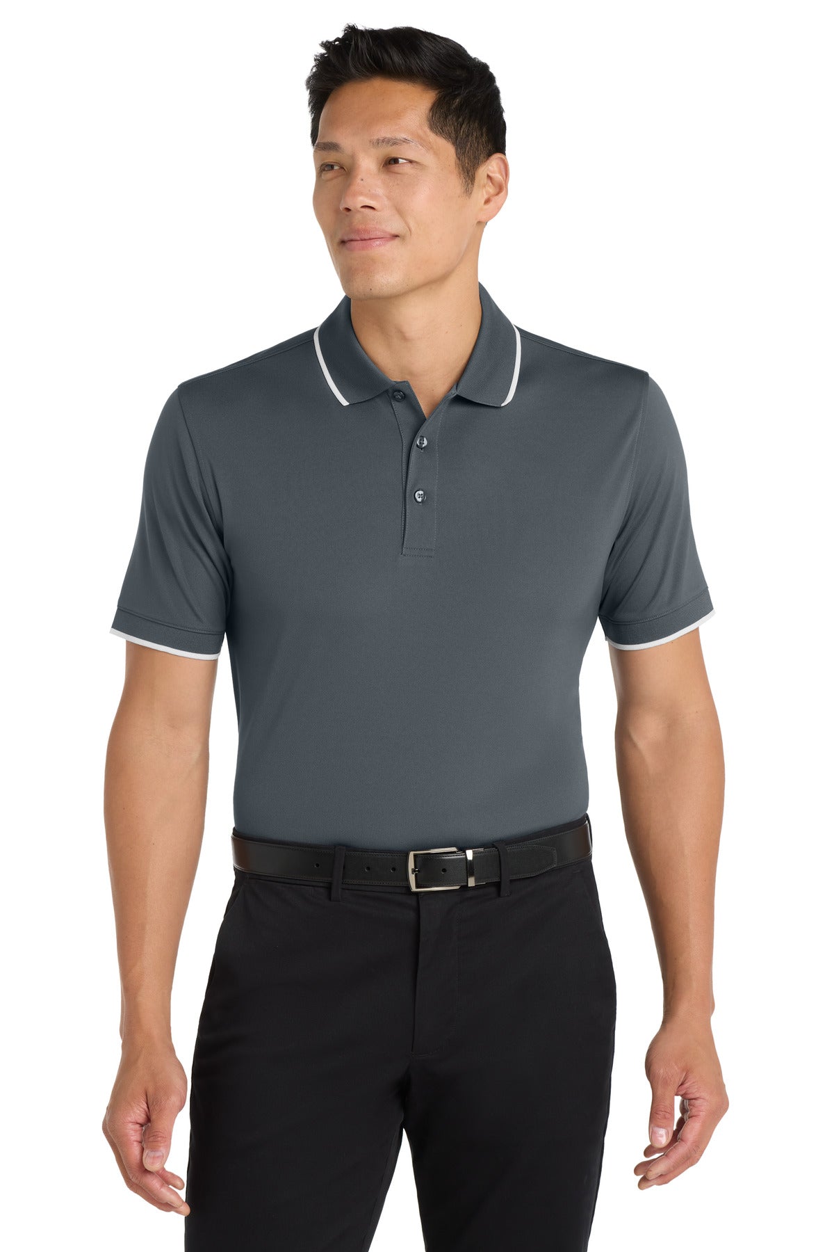 Custom logo Port Authority® Dry Zone® UV Micro-Mesh Tipped Polo. K111 in Graphite/ White