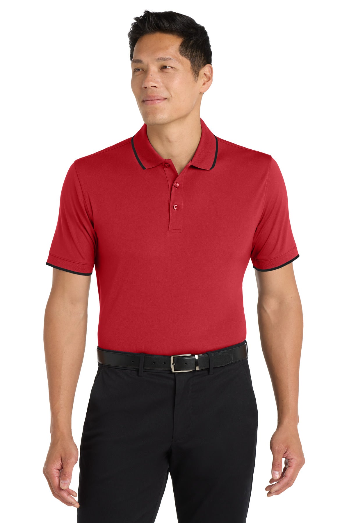 Custom logo Port Authority® Dry Zone® UV Micro-Mesh Tipped Polo. K111 in Rich Red/ Deep Black