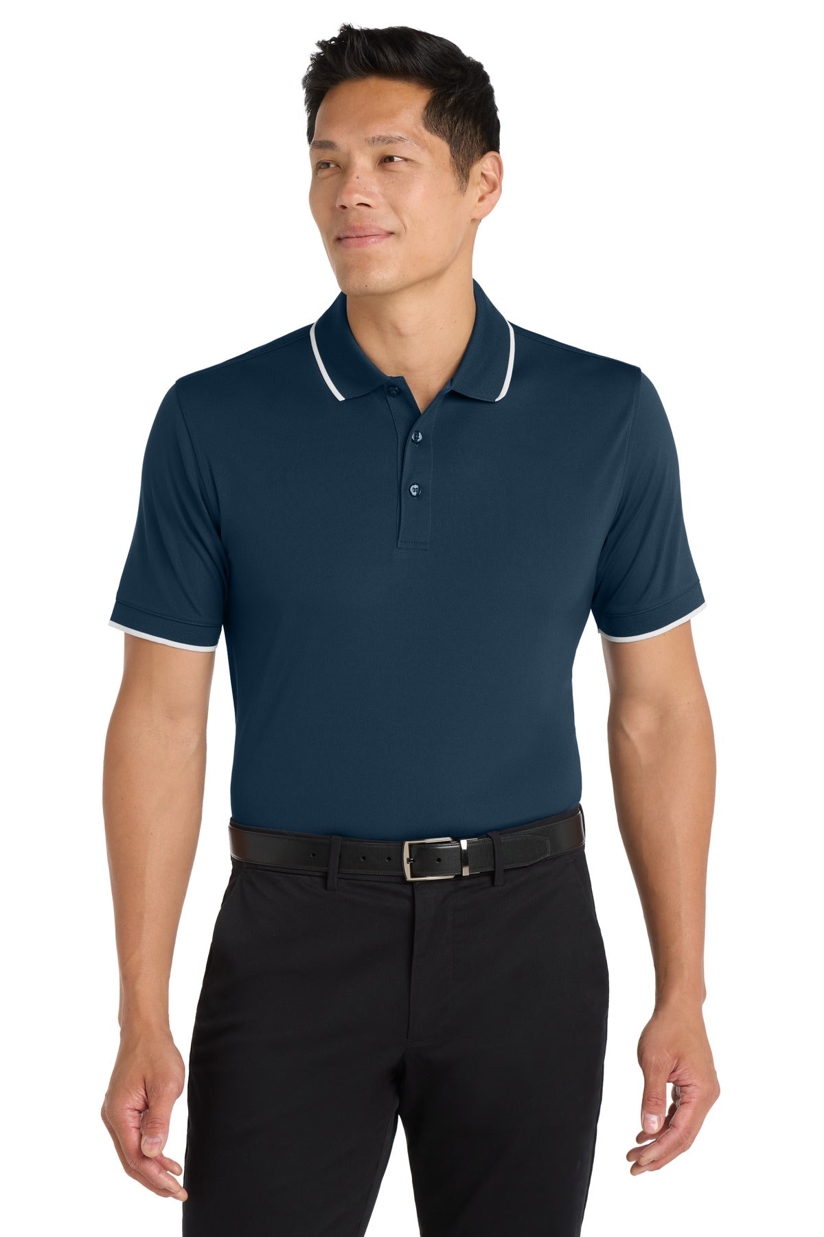 Custom logo Port Authority® Dry Zone® UV Micro-Mesh Tipped Polo. K111 in River Blue Navy/ White