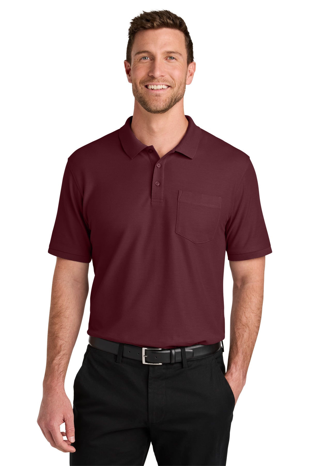Custom logo Port Authority® Wearever Signature Pique Pocket Polo K200P in Burgundy