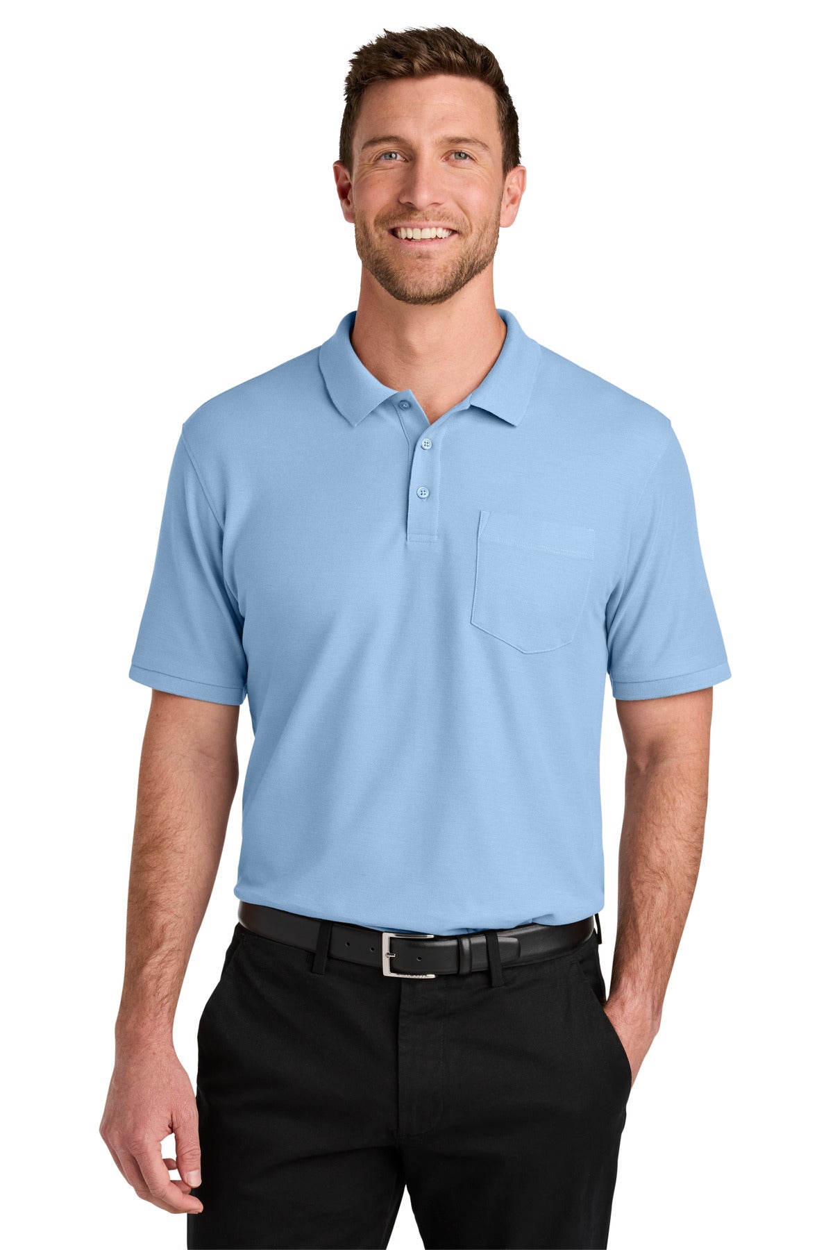 Custom logo Port Authority® Wearever Signature Pique Pocket Polo K200P in Cloud Blue