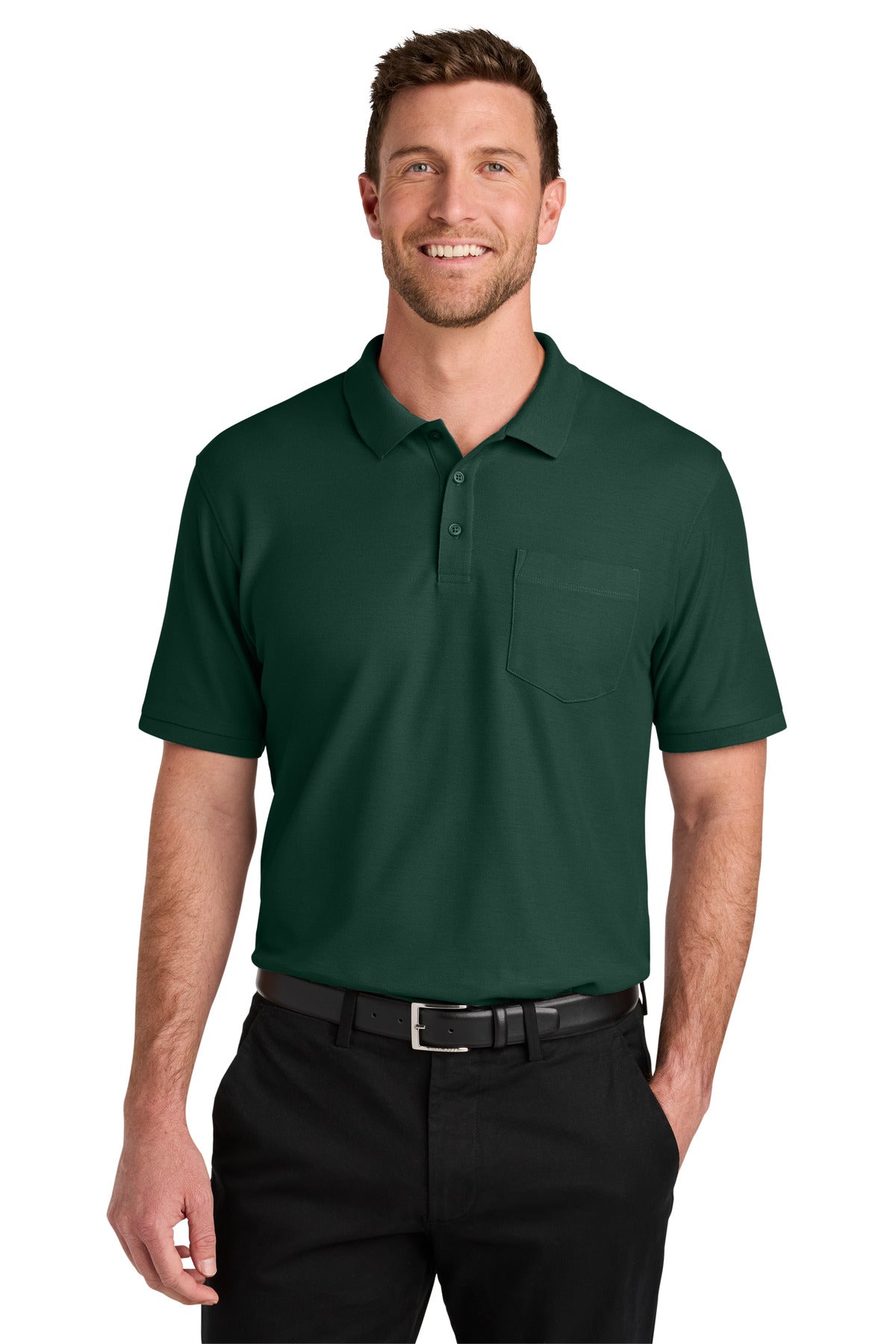 Custom logo Port Authority® Wearever Signature Pique Pocket Polo K200P in Dark Green