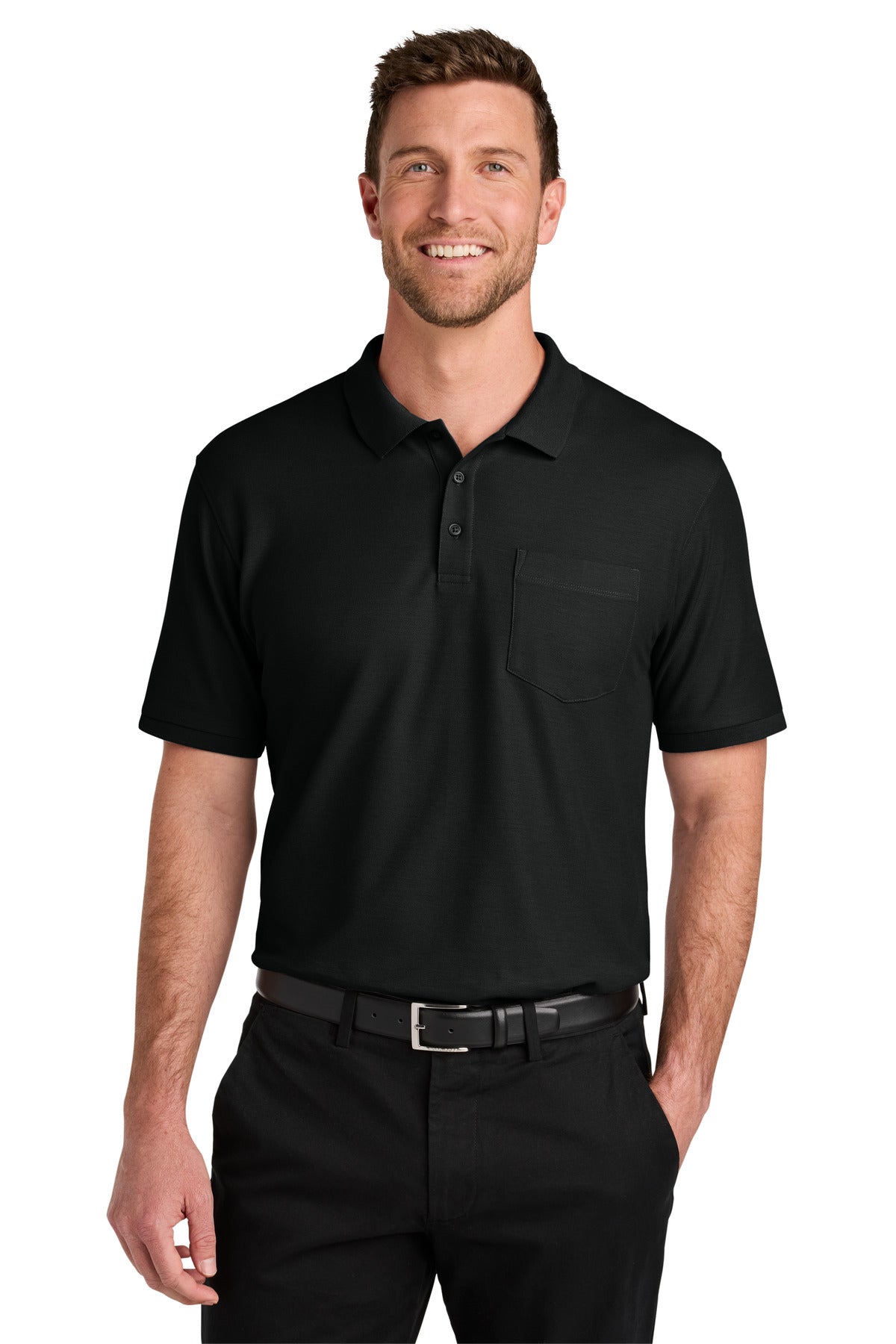 Custom logo Port Authority® Wearever Signature Pique Pocket Polo K200P in Deep Black