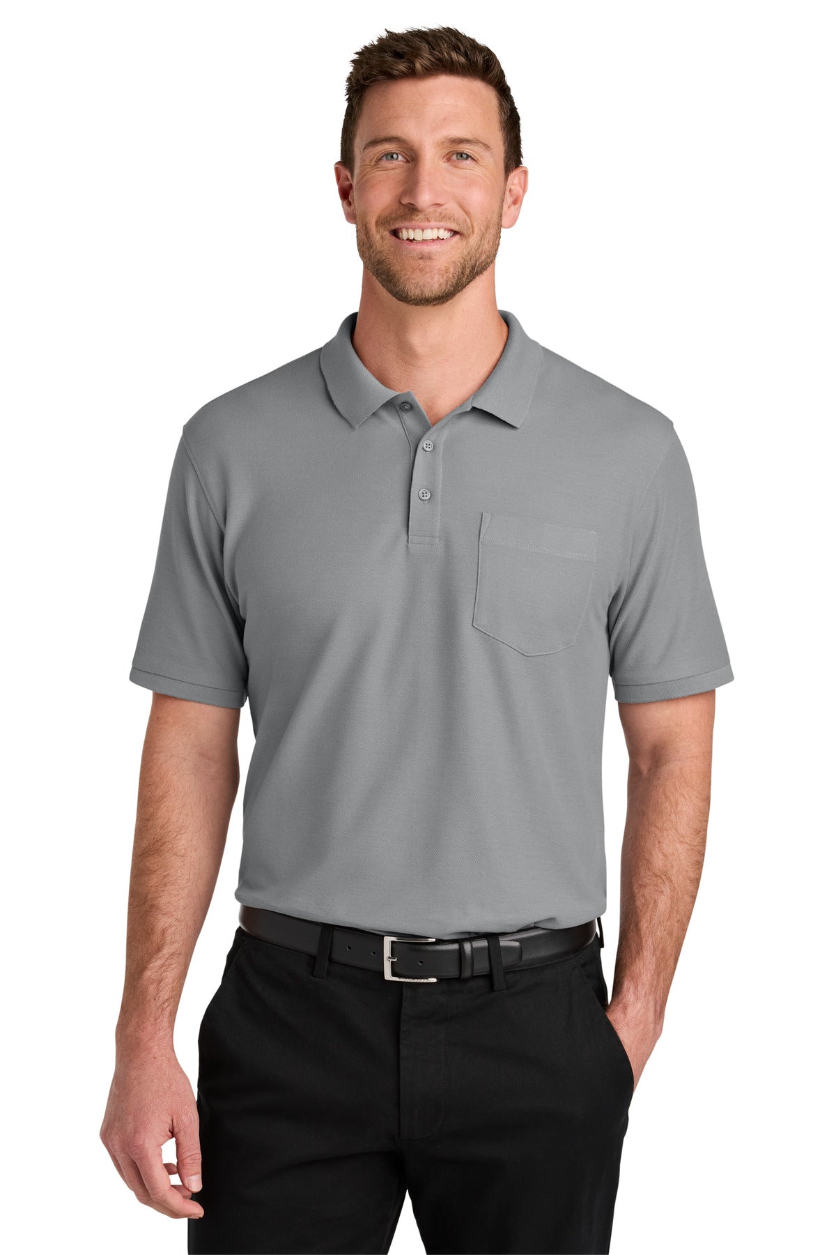 Custom logo Port Authority® Wearever Signature Pique Pocket Polo K200P in Gusty Grey