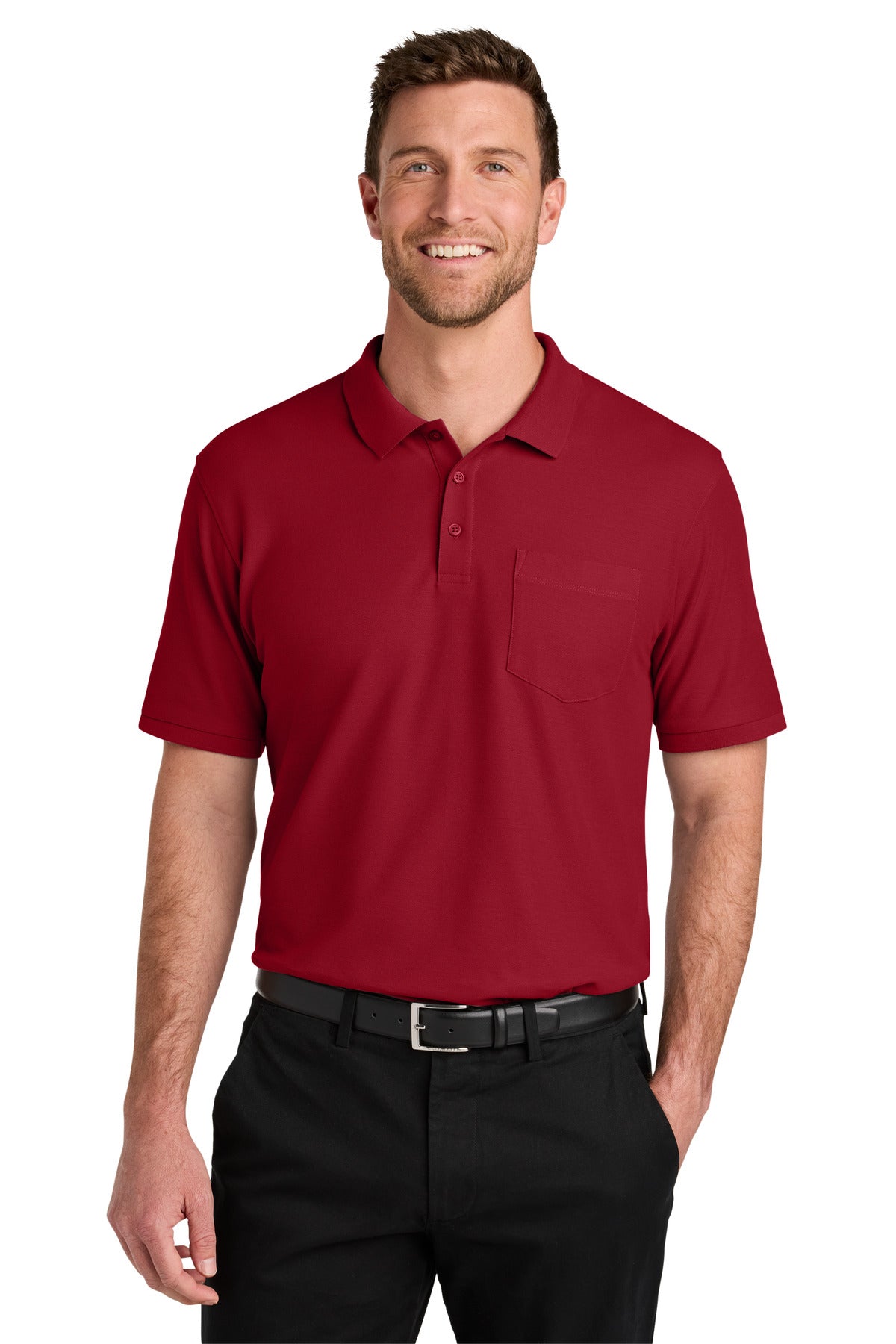 Custom logo Port Authority® Wearever Signature Pique Pocket Polo K200P in Rich Red