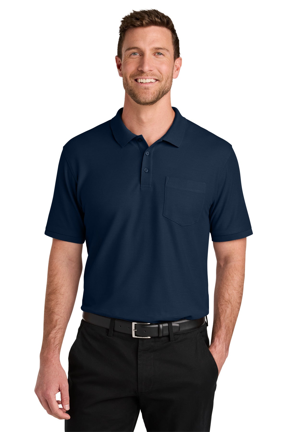 Custom logo Port Authority® Wearever Signature Pique Pocket Polo K200P in River Blue Navy