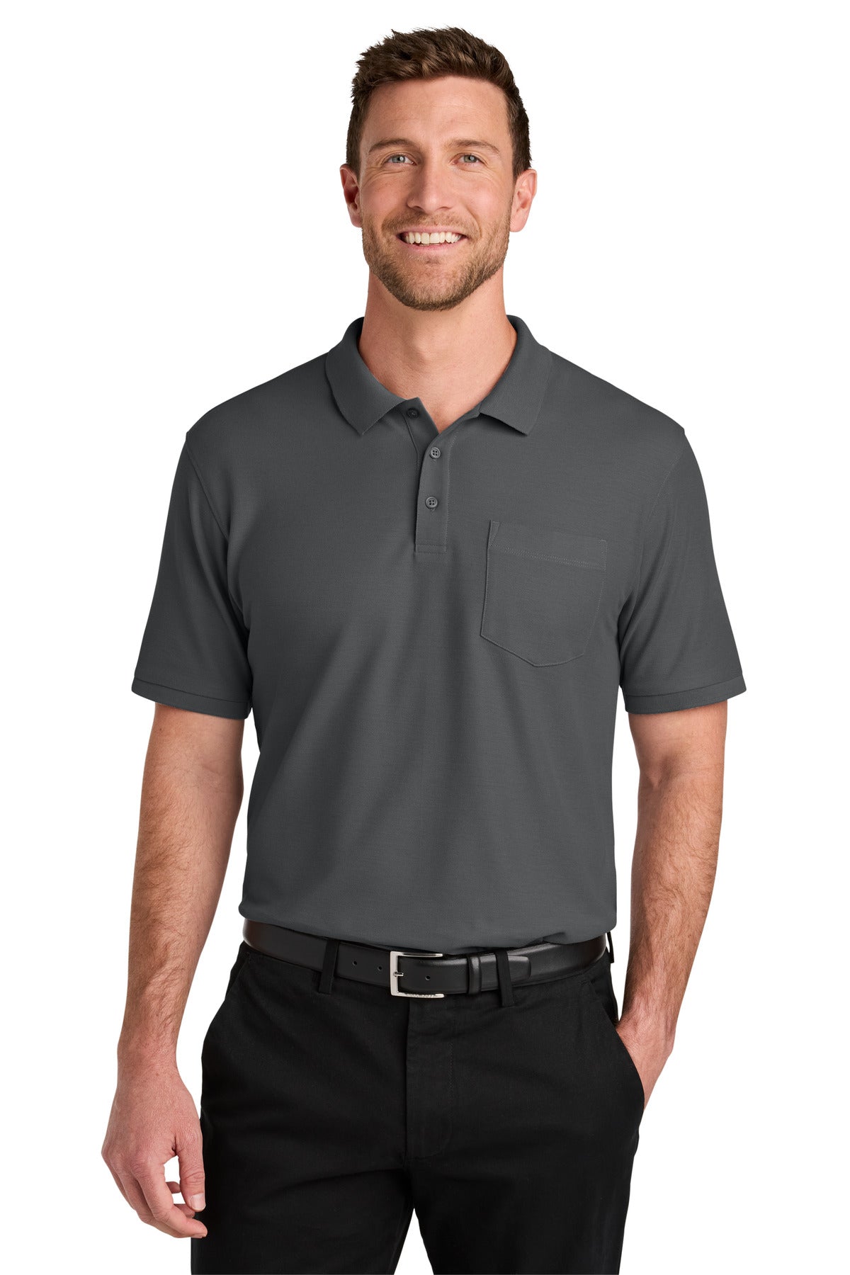 Custom logo Port Authority® Wearever Signature Pique Pocket Polo K200P in Storm Grey