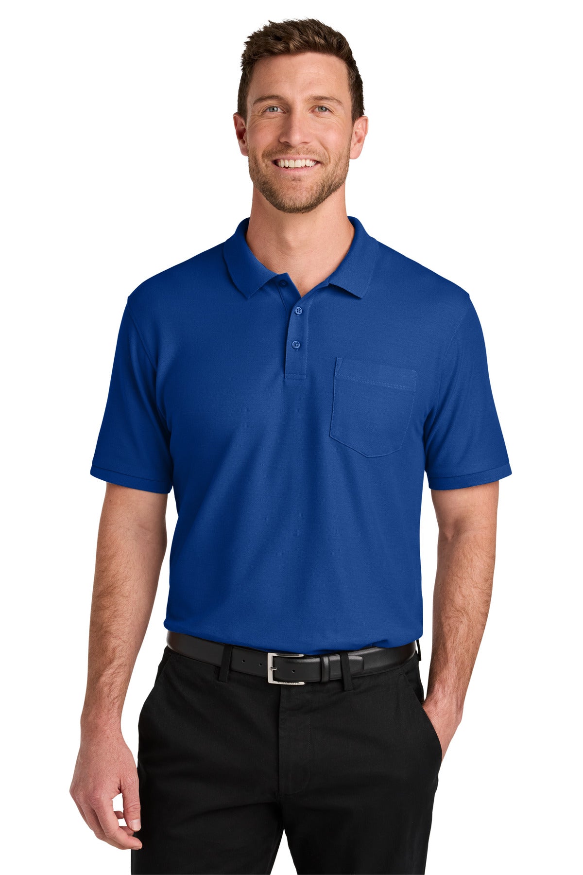 Custom logo Port Authority® Wearever Signature Pique Pocket Polo K200P in True Royal