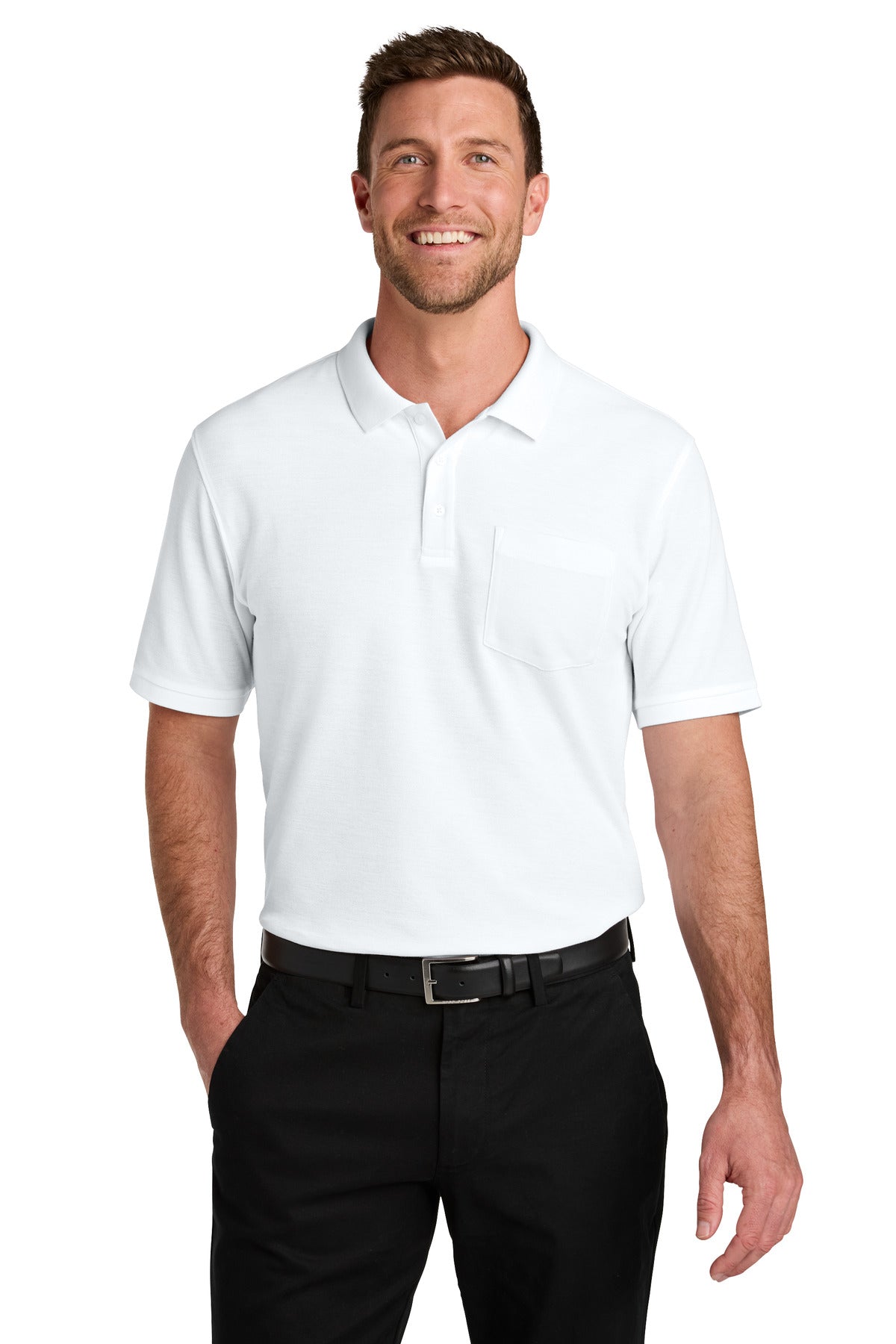 Custom logo Port Authority® Wearever Signature Pique Pocket Polo K200P in White