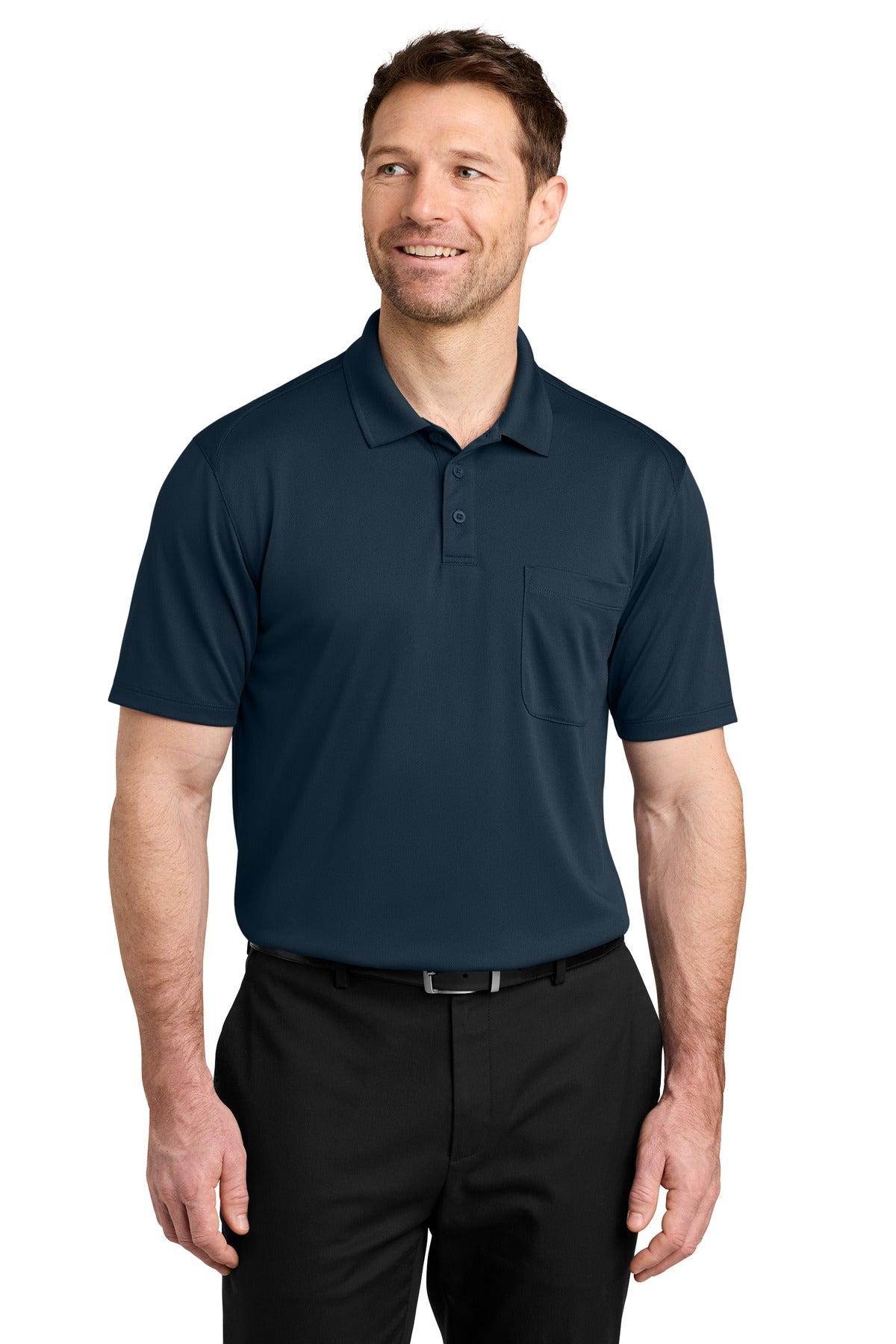 Custom logo Port Authority® Wearever Performance Pique Pocket Polo K240P in River Blue Navy