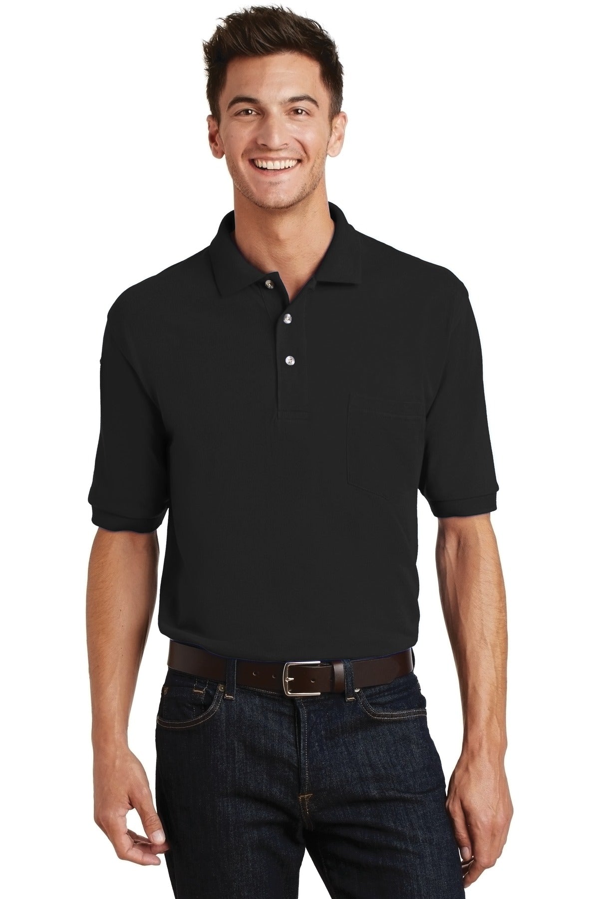 Custom logo Port Authority® Heavyweight Cotton Pique Polo with Pocket.  K420P in Black