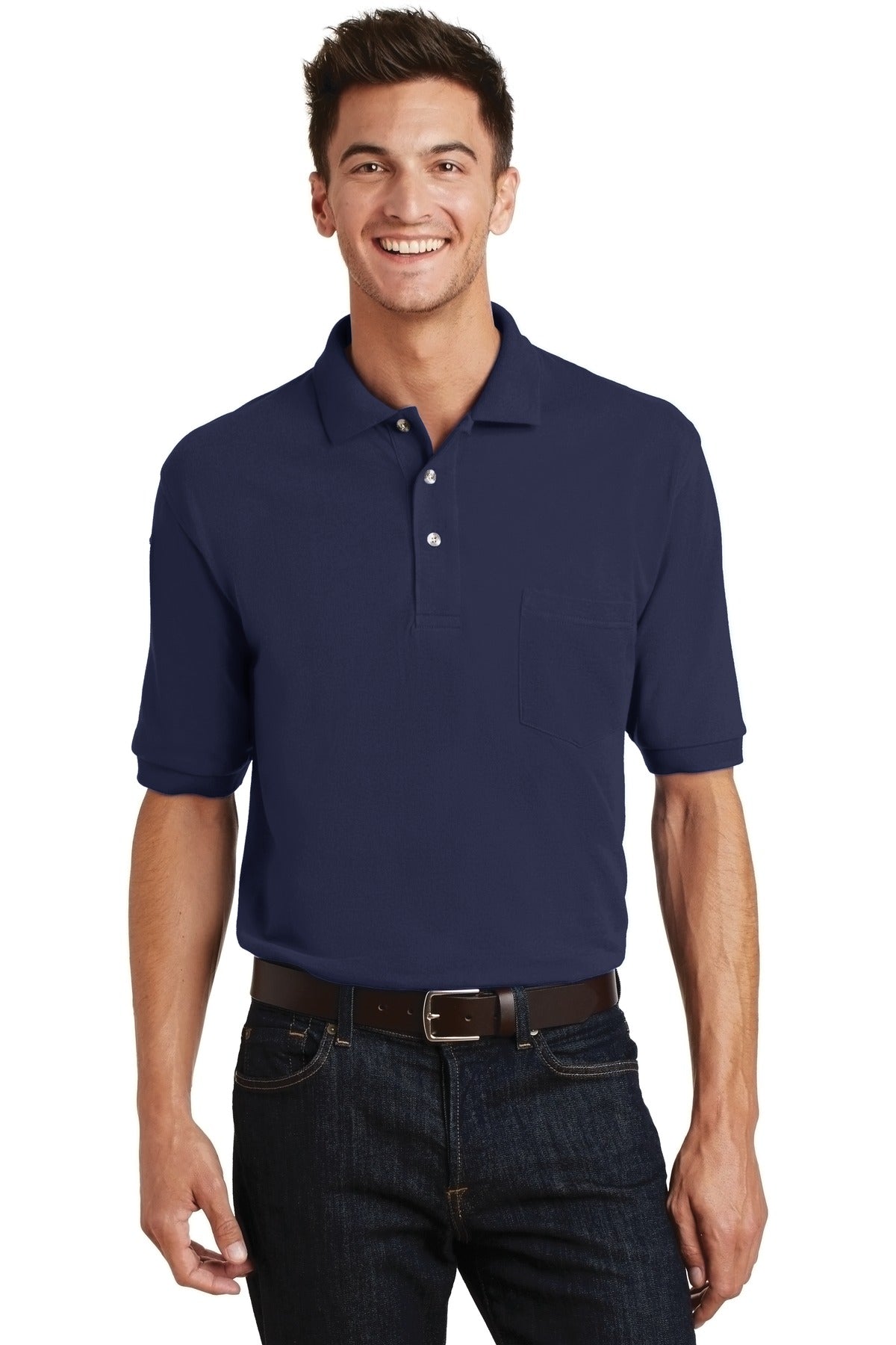 Custom logo Port Authority® Heavyweight Cotton Pique Polo with Pocket.  K420P in Navy