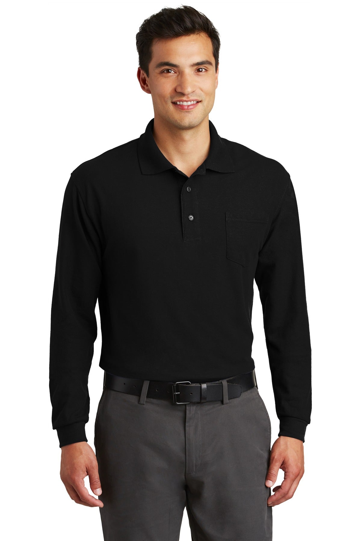 Custom logo Port Authority® Long Sleeve Silk Touch™ Polo with Pocket.  K500LSP in Black