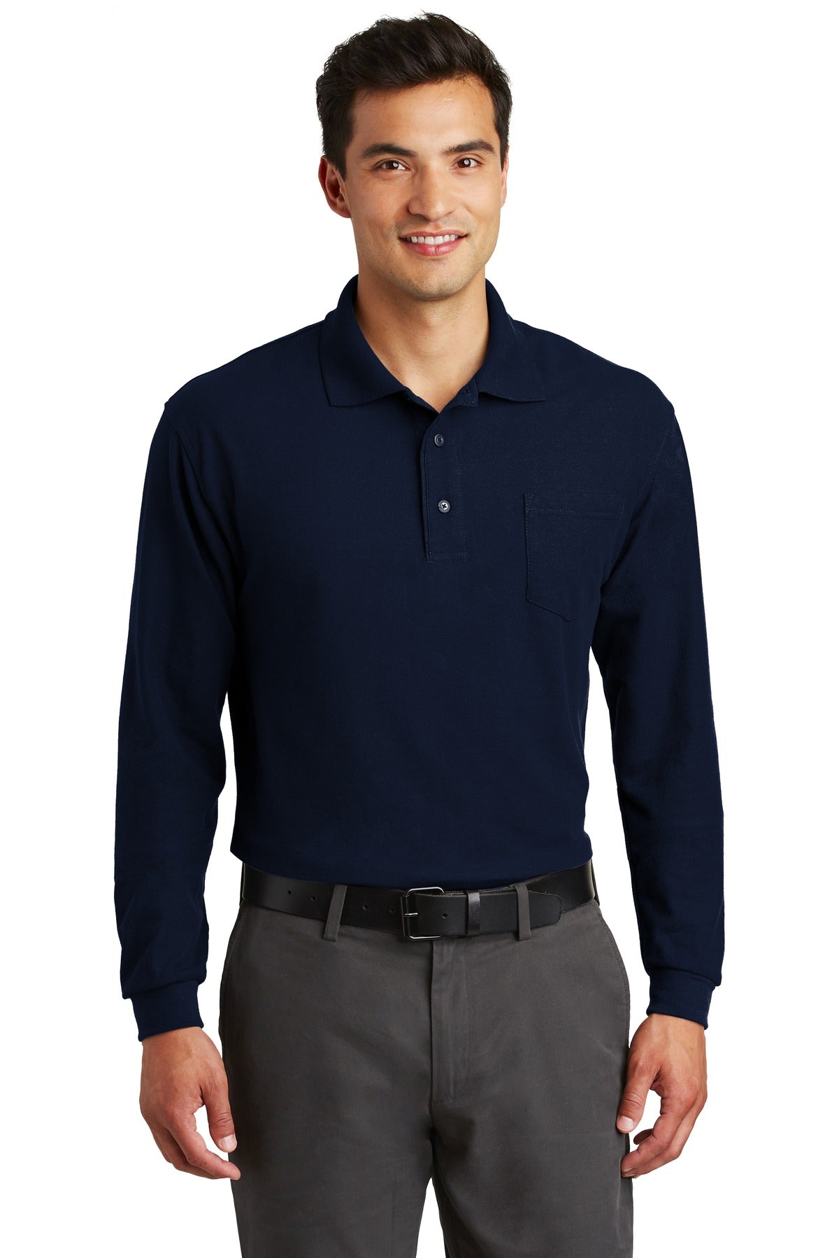 Custom logo Port Authority® Long Sleeve Silk Touch™ Polo with Pocket.  K500LSP in Navy