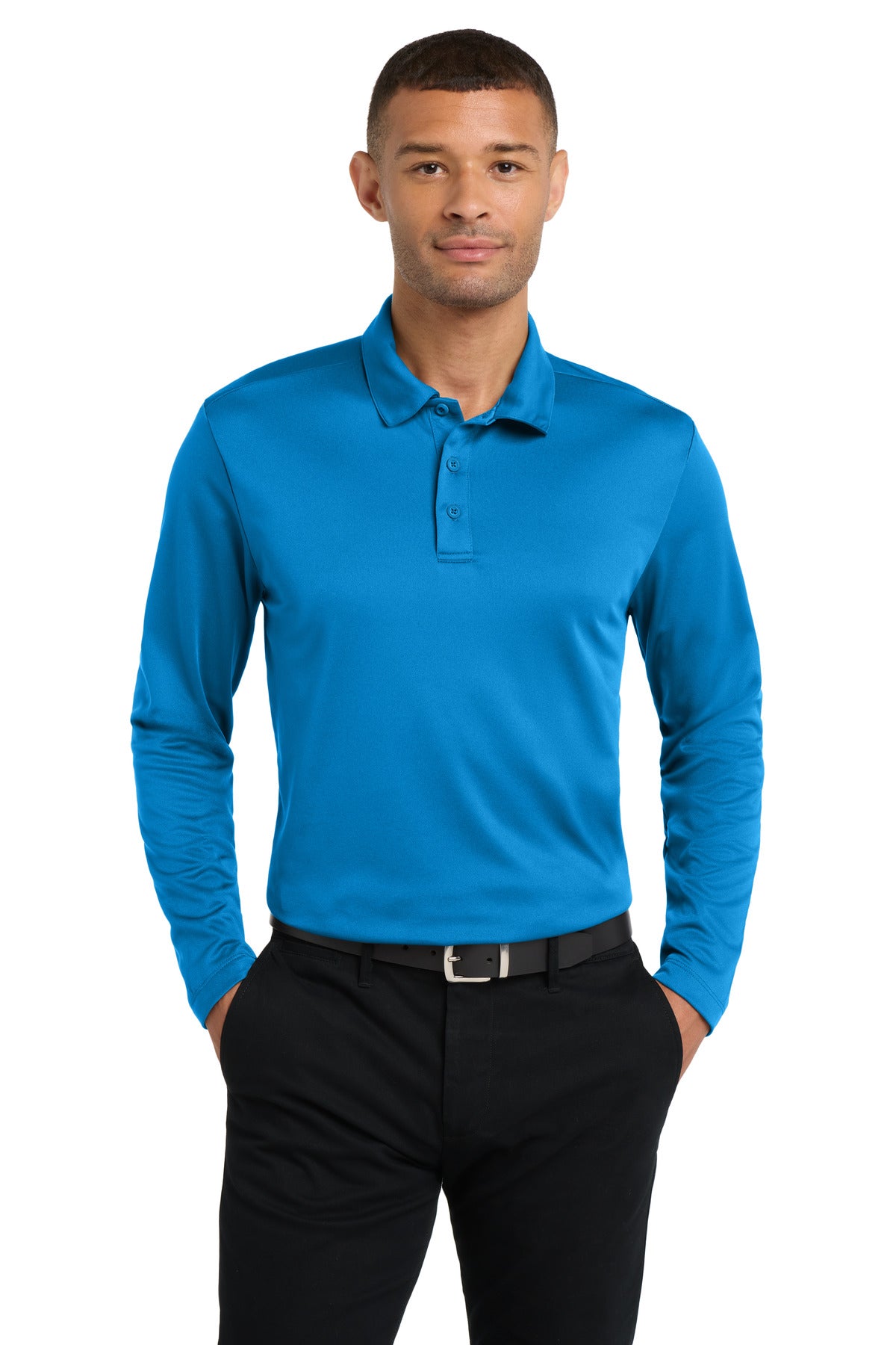 Custom logo Port Authority® Silk Touch™ Performance Long Sleeve Polo. K540LS in Brilliant Blue