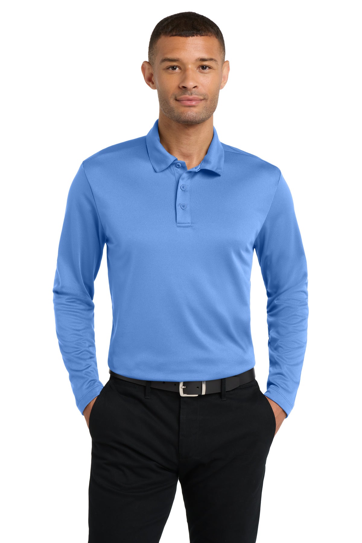Custom logo Port Authority® Silk Touch™ Performance Long Sleeve Polo. K540LS in Carolina Blue