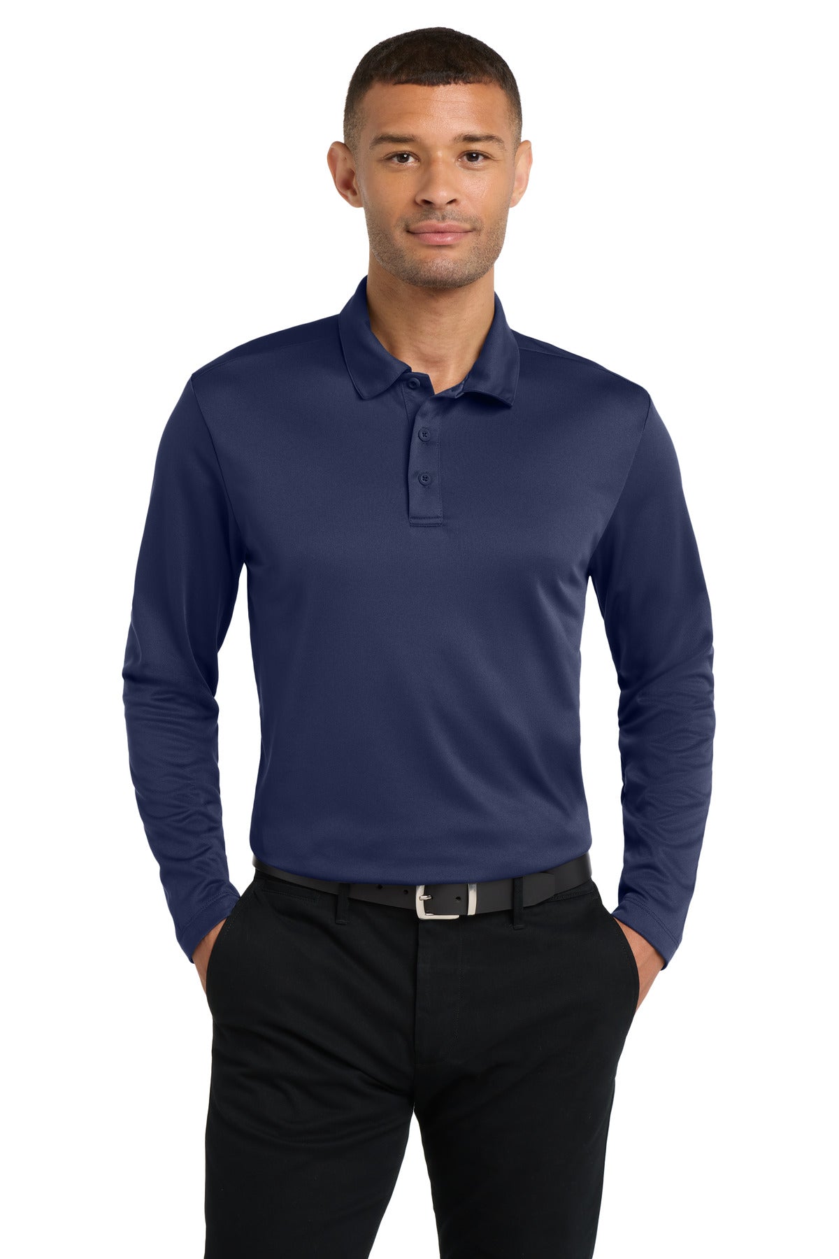 Custom logo Port Authority® Silk Touch™ Performance Long Sleeve Polo. K540LS in Navy
