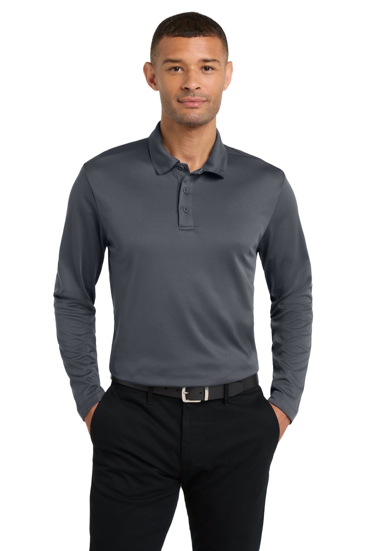 Custom logo Port Authority® Silk Touch™ Performance Long Sleeve Polo. K540LS in Steel Grey