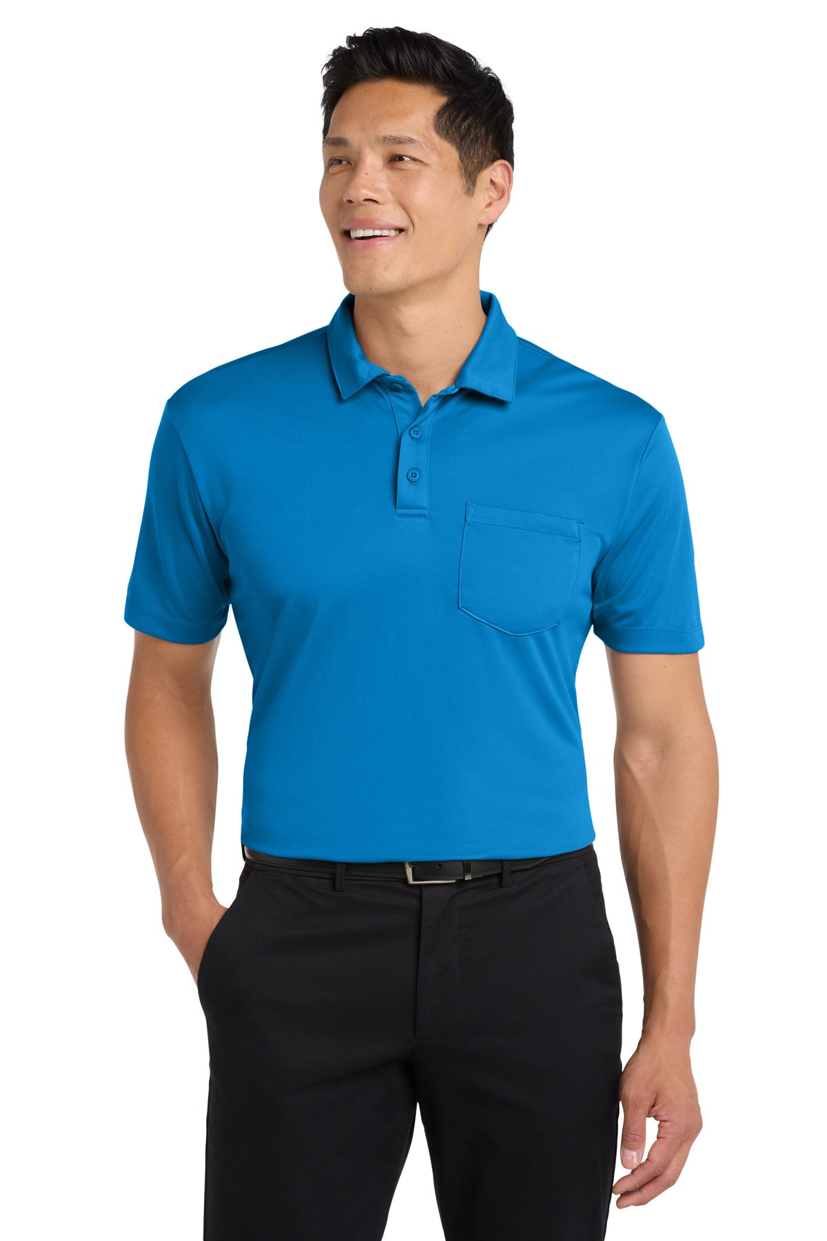Custom logo Port Authority® Silk Touch™ Performance Pocket Polo. K540P in Brilliant Blue