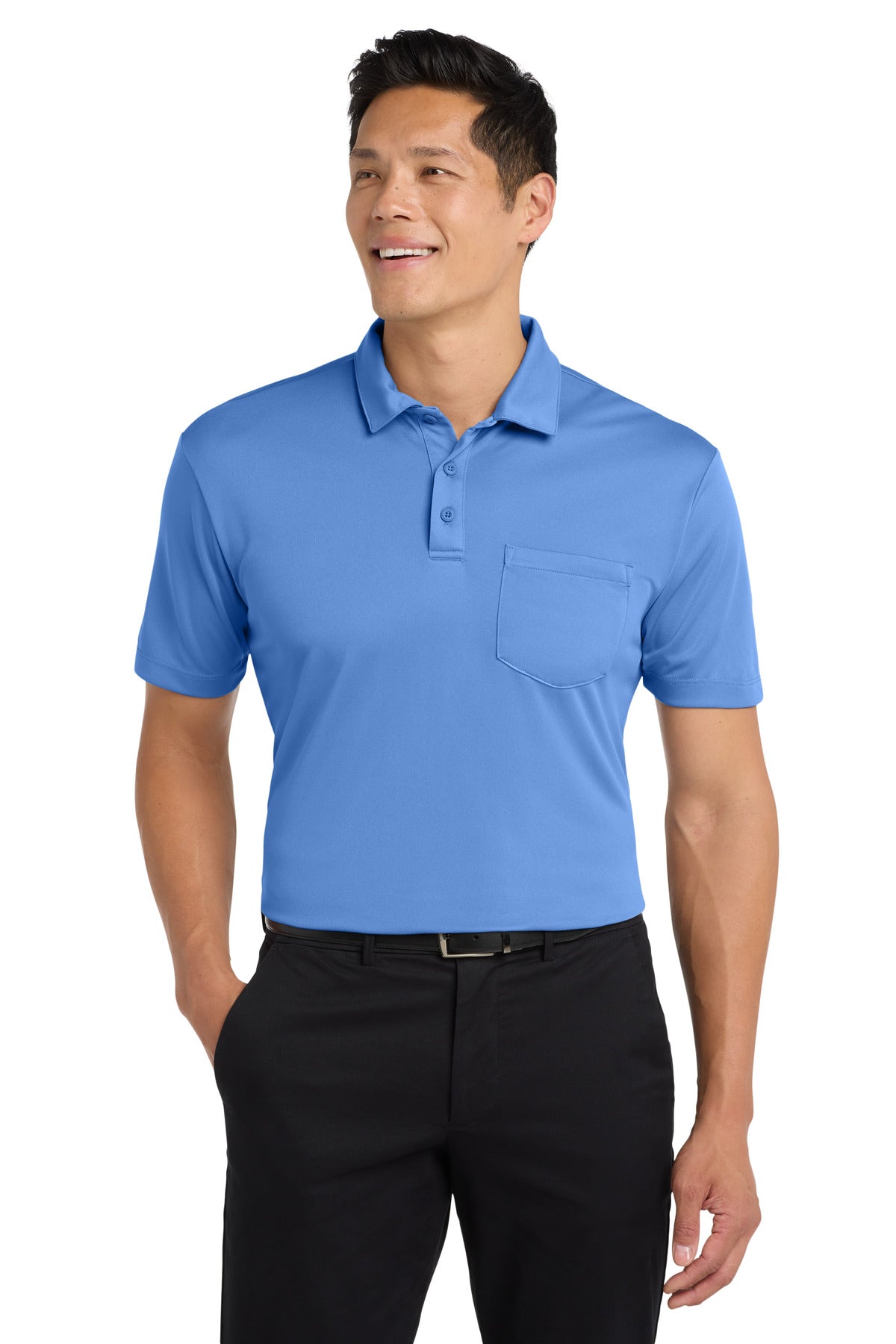 Custom logo Port Authority® Silk Touch™ Performance Pocket Polo. K540P in Carolina Blue