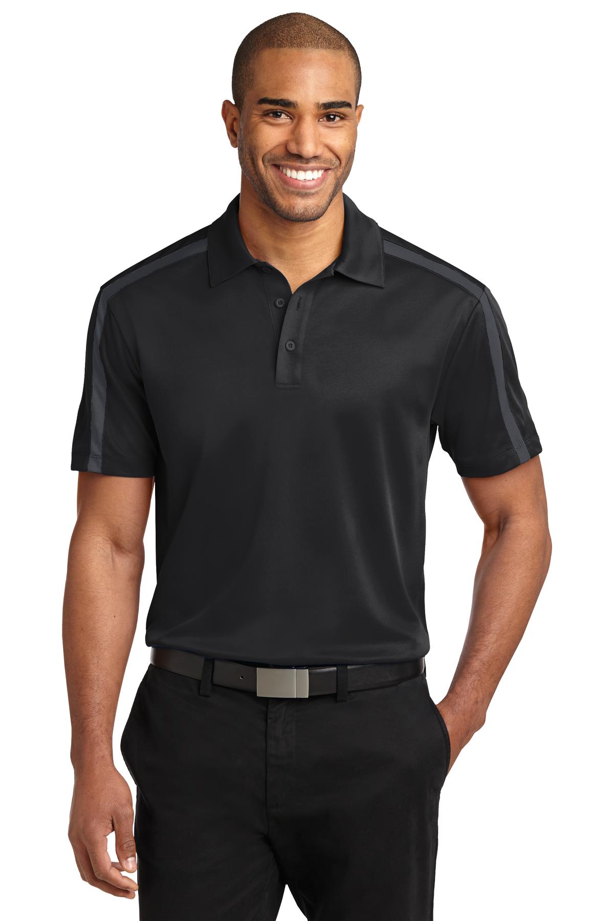 Custom logo Port Authority® Silk Touch™ Performance Colorblock Stripe Polo. K547 in Black/ Steel Grey