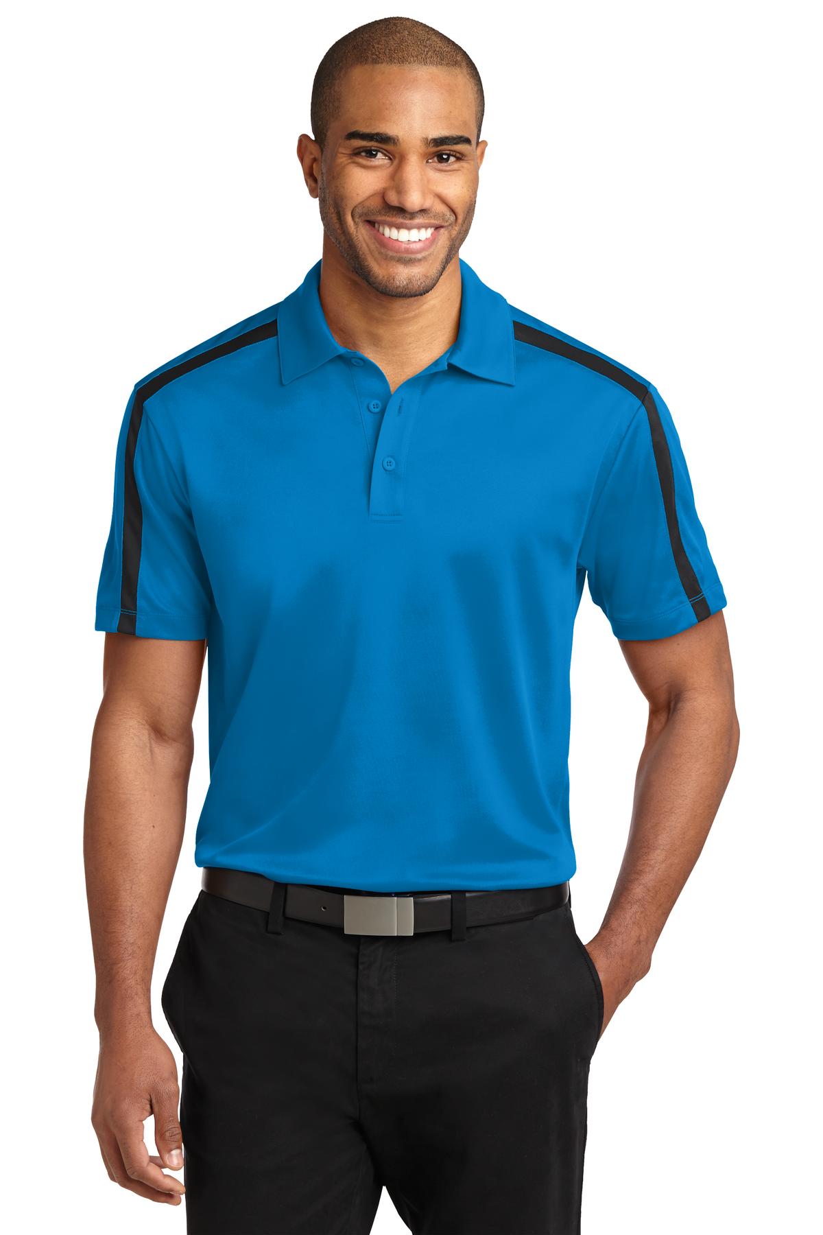 Custom logo Port Authority® Silk Touch™ Performance Colorblock Stripe Polo. K547 in Brilliant Blue/ Black