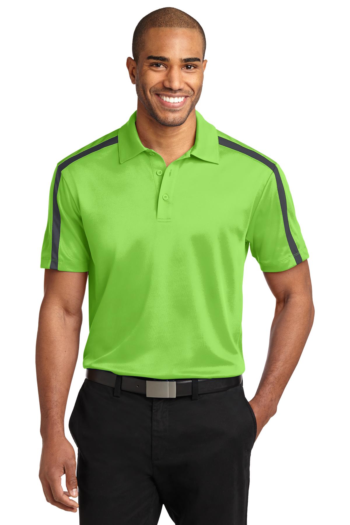 Custom logo Port Authority® Silk Touch™ Performance Colorblock Stripe Polo. K547 in Lime/ Steel Grey