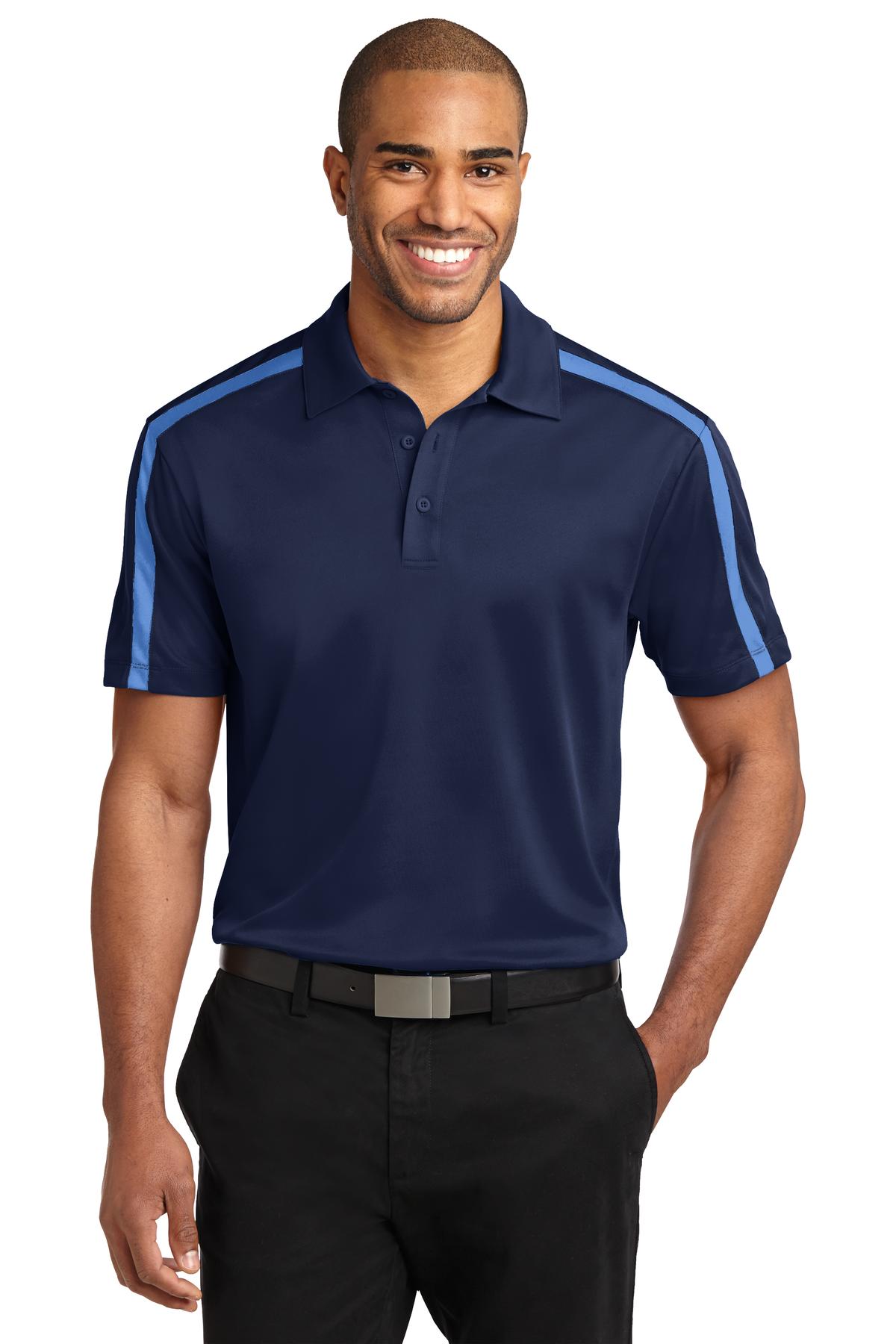 Custom logo Port Authority® Silk Touch™ Performance Colorblock Stripe Polo. K547 in Navy/ Carolina Blue
