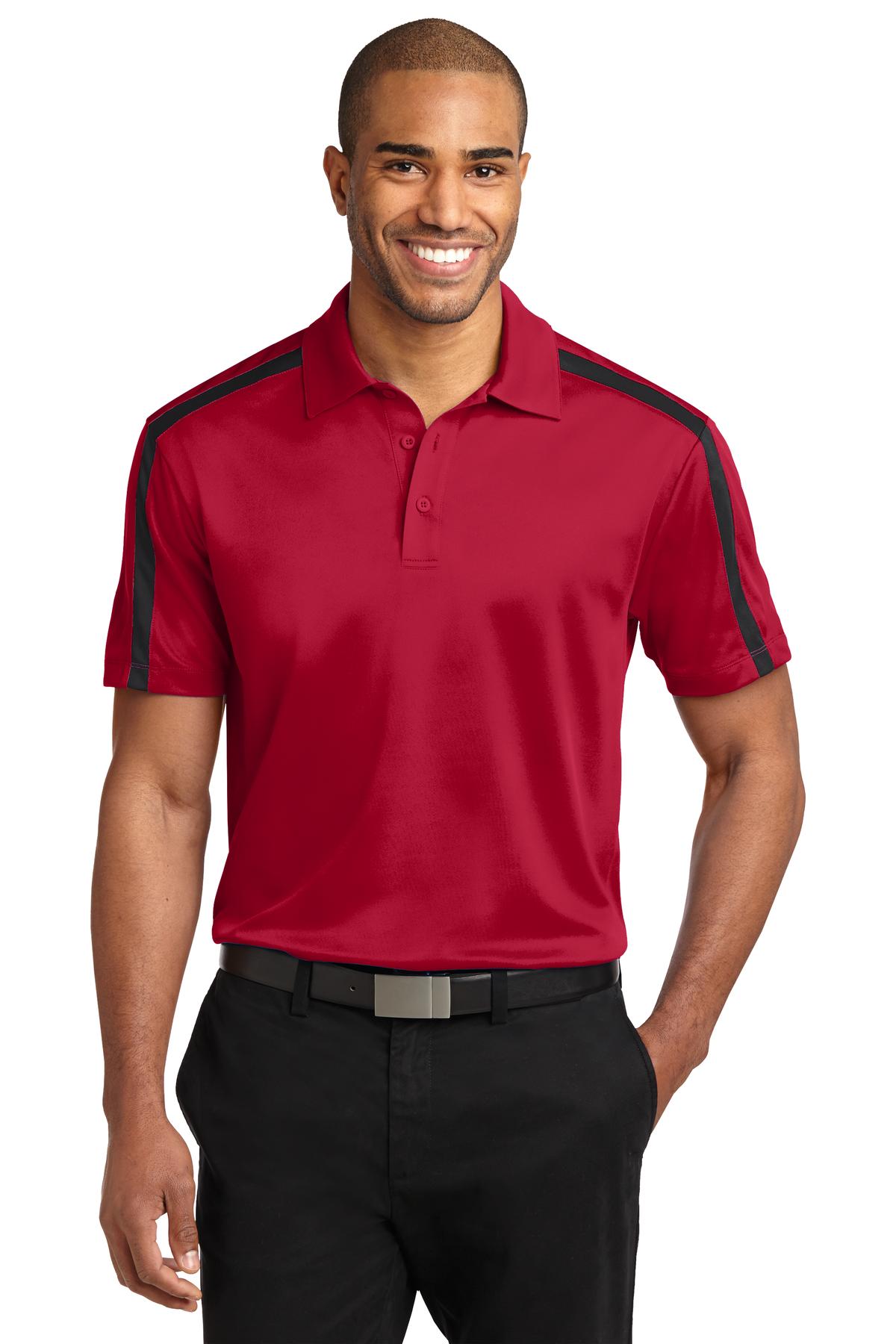 Custom logo Port Authority® Silk Touch™ Performance Colorblock Stripe Polo. K547 in Red/ Black