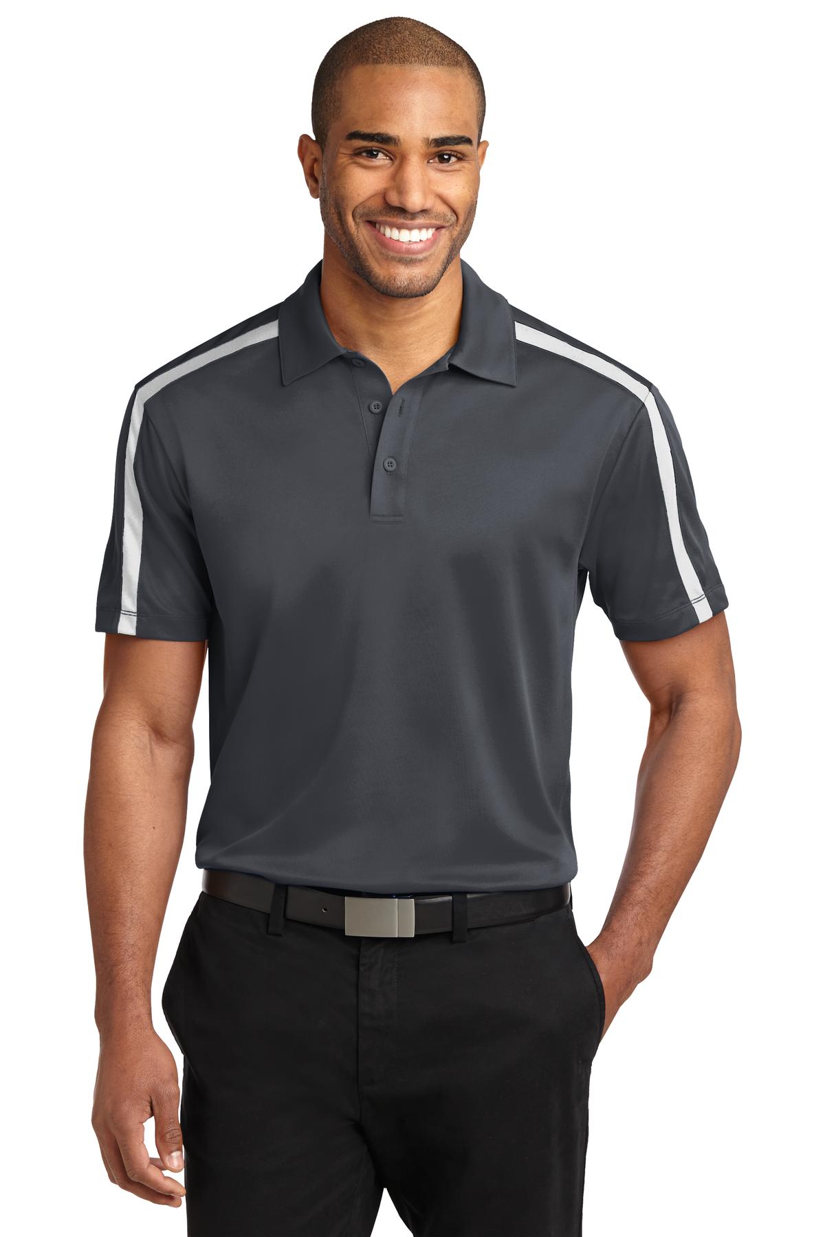 Custom logo Port Authority® Silk Touch™ Performance Colorblock Stripe Polo. K547 in Steel Grey/ White