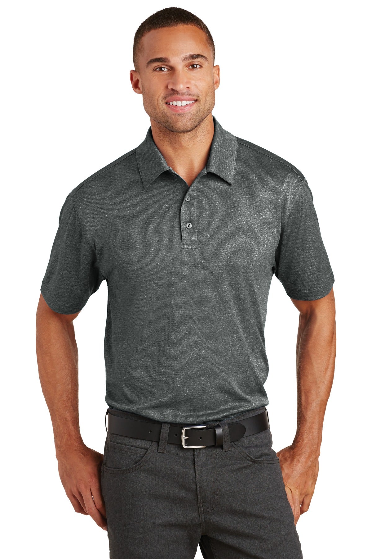 Custom logo Port Authority® Trace Heather Polo. K576 in Charcoal Heather