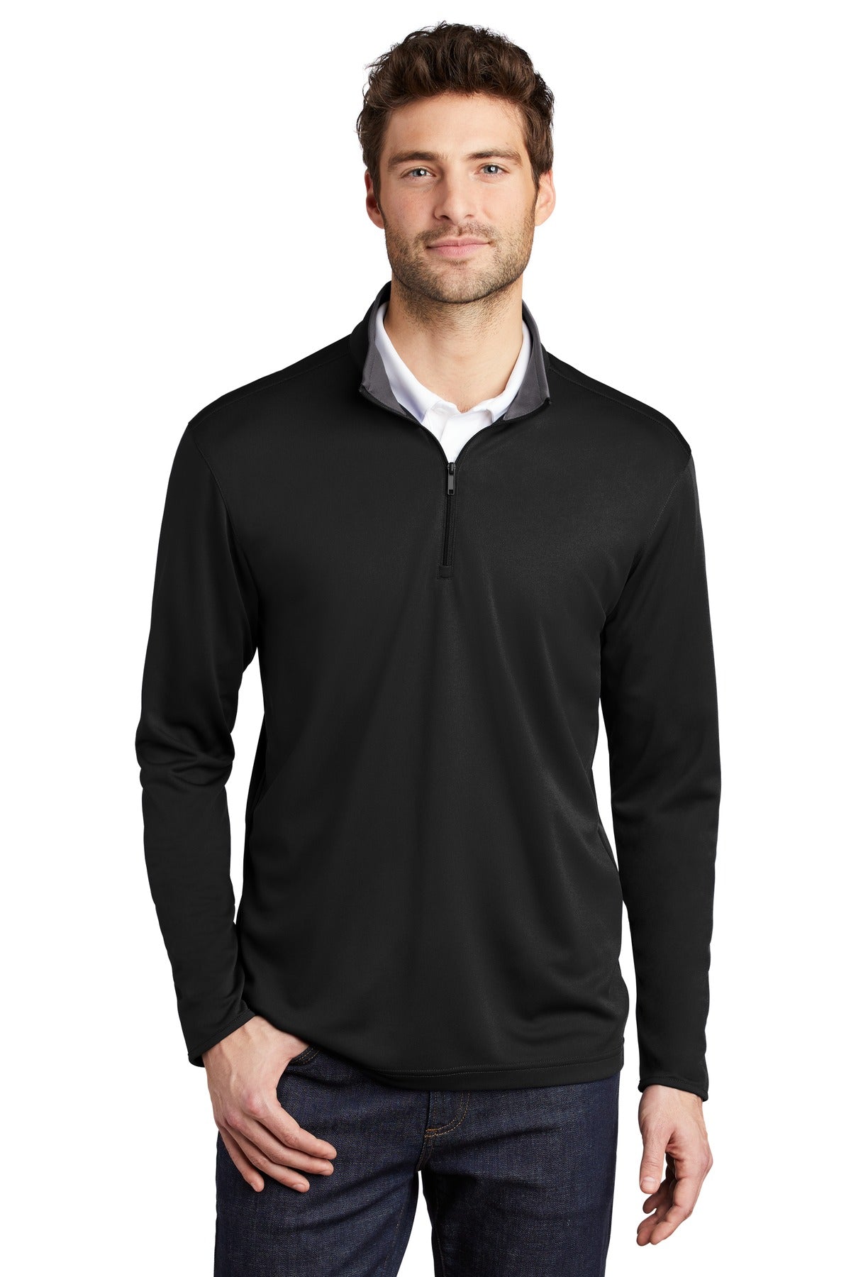 Custom logo Port Authority ® Silk Touch ™ Performance 1/4-Zip K584 in Black/ Steel Grey