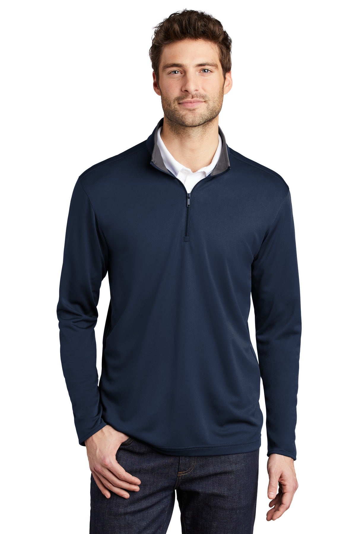 Custom logo Port Authority ® Silk Touch ™ Performance 1/4-Zip K584 in Navy/ Steel Grey