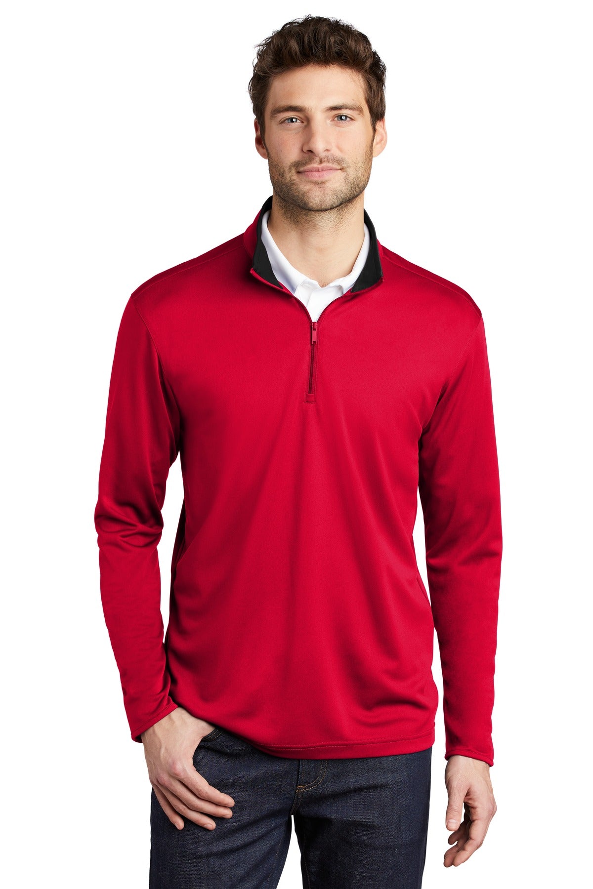 Custom logo Port Authority ® Silk Touch ™ Performance 1/4-Zip K584 in Red/ Black