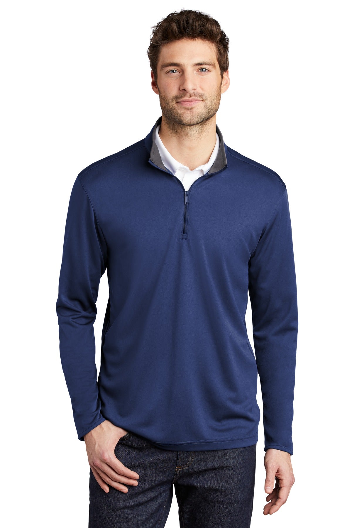 Custom logo Port Authority ® Silk Touch ™ Performance 1/4-Zip K584 in Royal/ Steel Grey