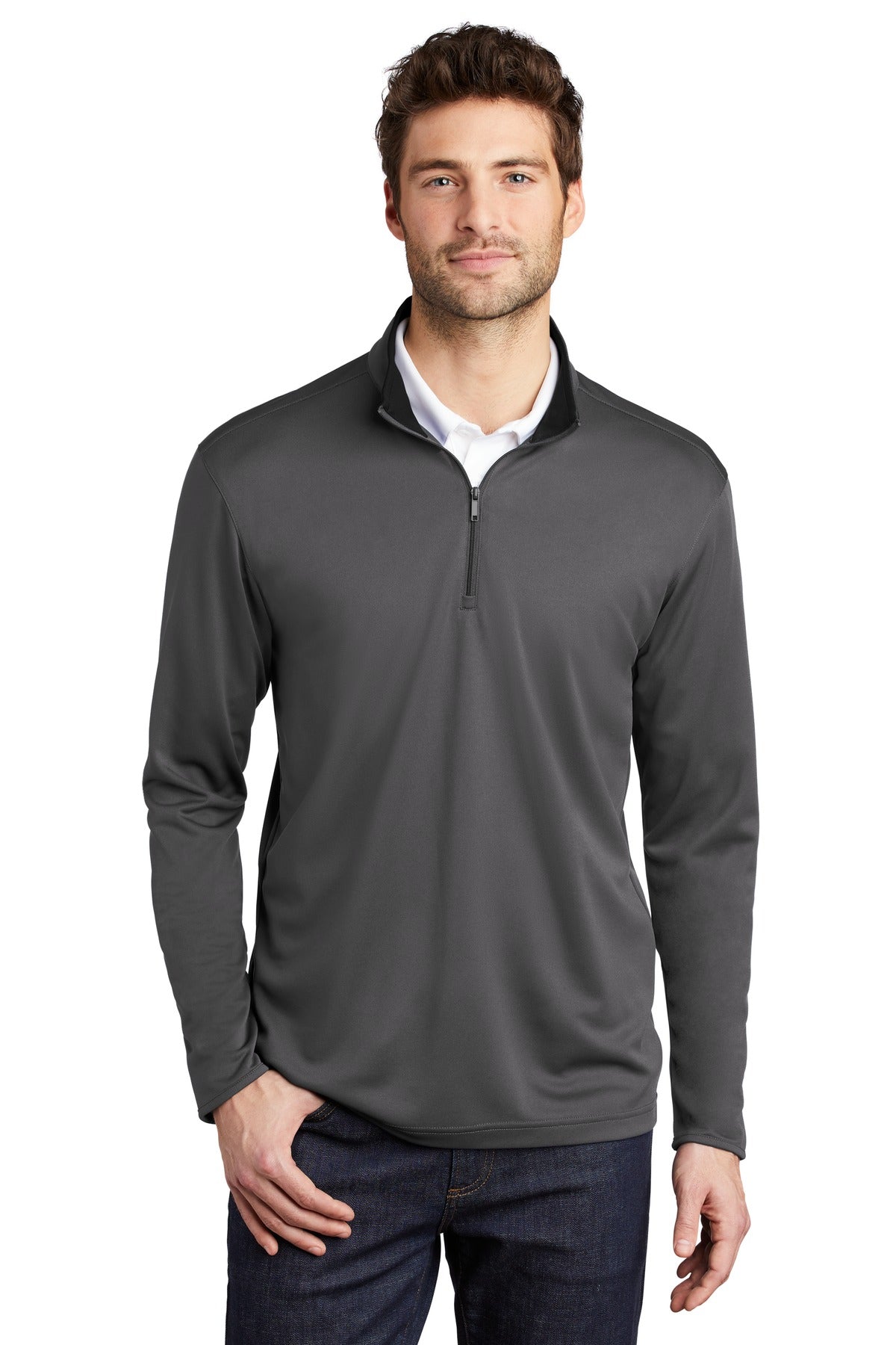 Custom logo Port Authority ® Silk Touch ™ Performance 1/4-Zip K584 in Steel Grey/ Black