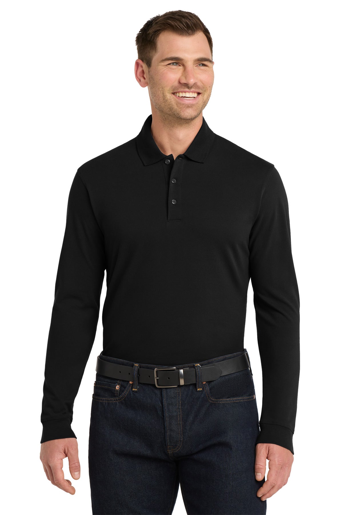 Custom logo Port Authority® EZCotton® Long Sleeve Polo. K8000LS in Black