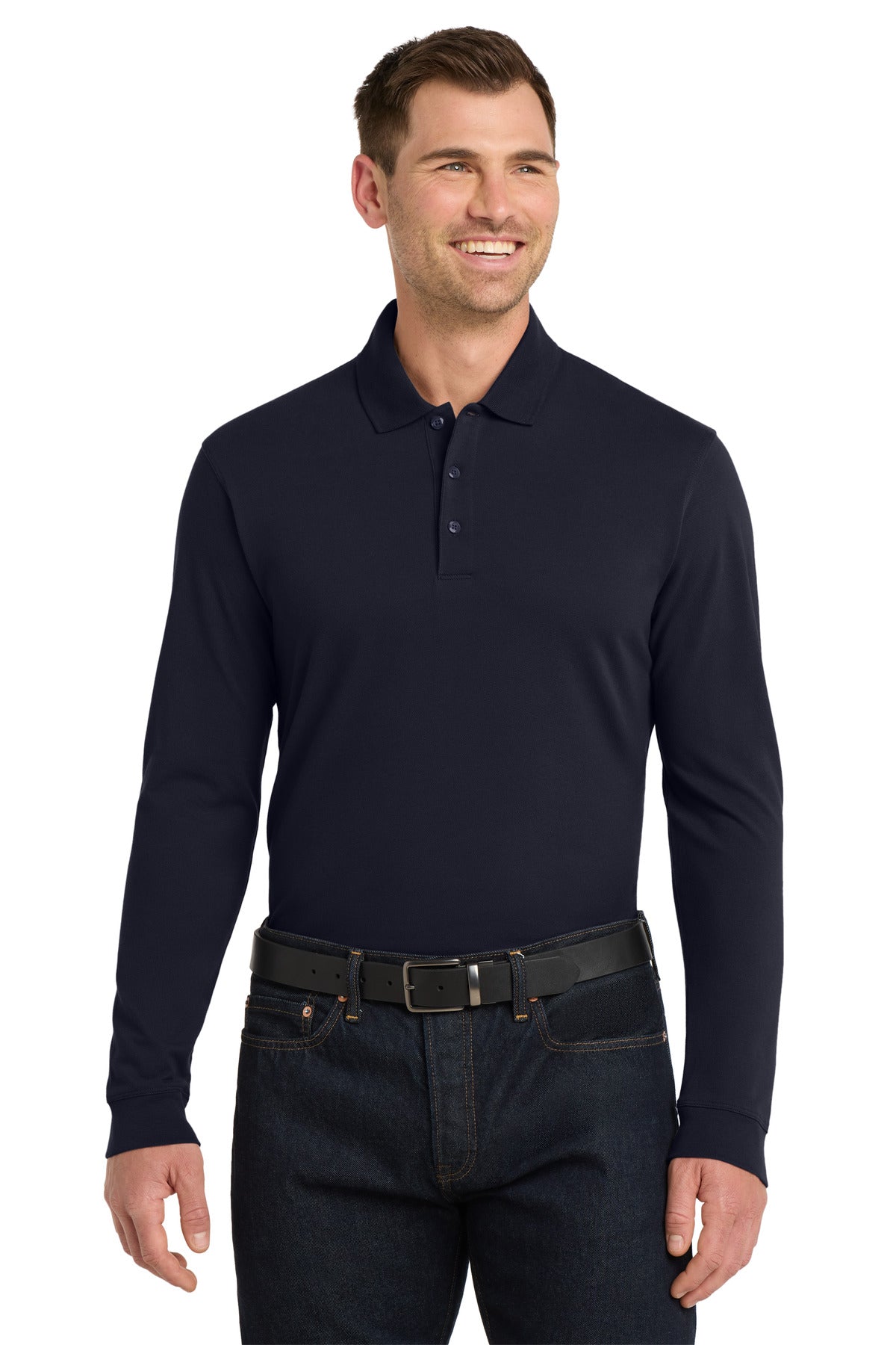 Custom logo Port Authority® EZCotton® Long Sleeve Polo. K8000LS in Navy