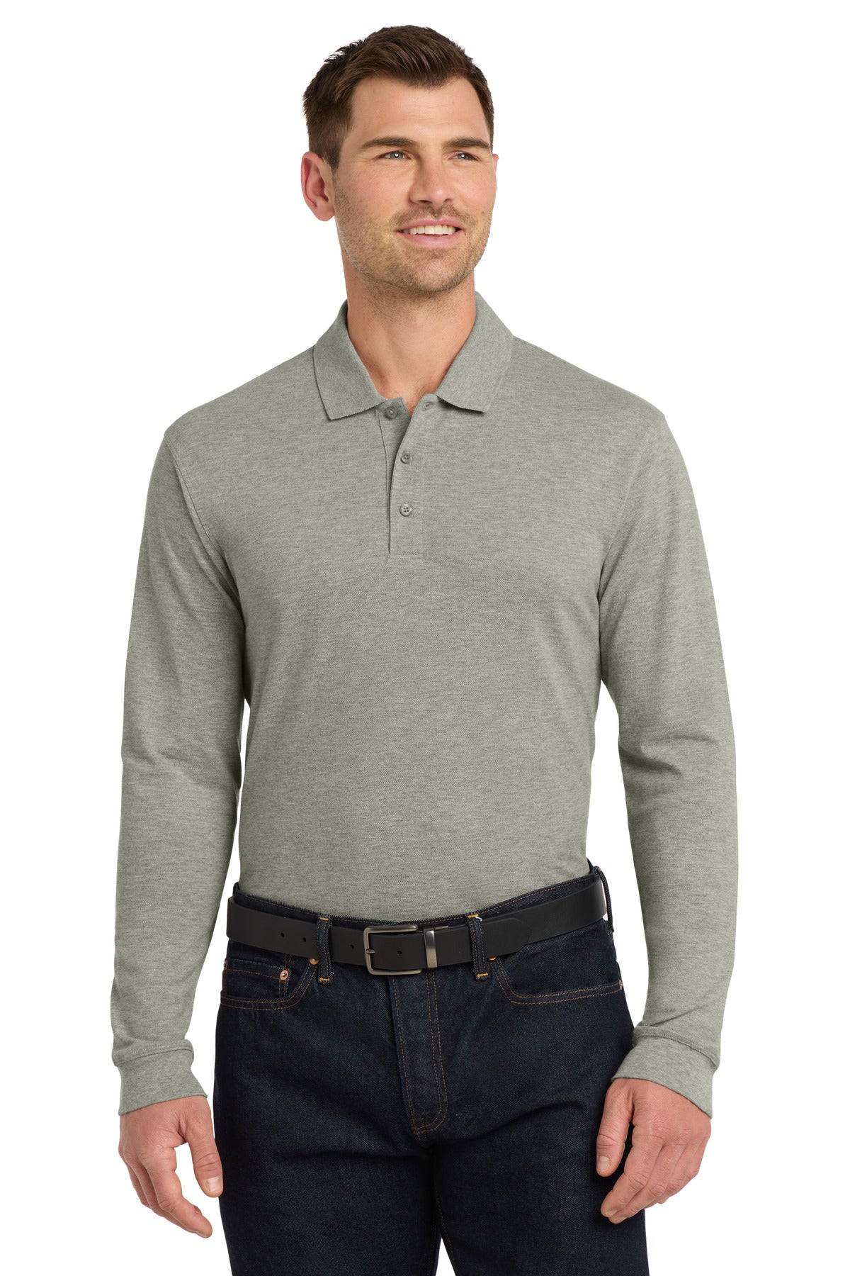 Custom logo Port Authority® EZCotton® Long Sleeve Polo. K8000LS in Oxford Heather