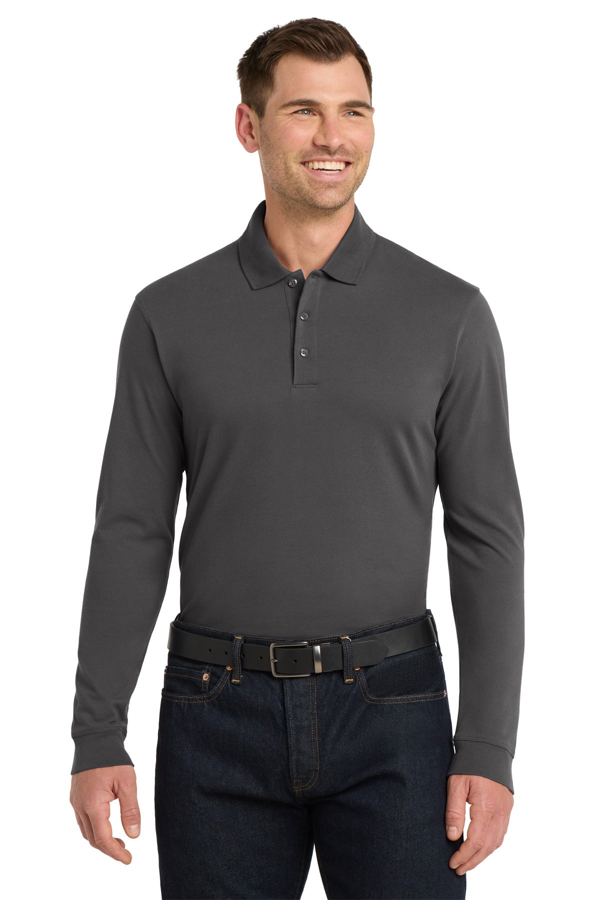 Custom logo Port Authority® EZCotton® Long Sleeve Polo. K8000LS in Sterling Grey
