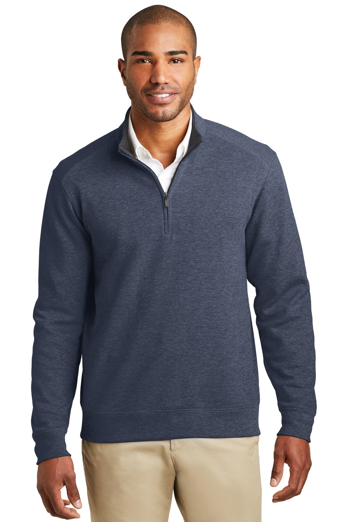 Custom logo Port Authority® Interlock 1/4-Zip. K807 in Estate Blue Heather/ Charcoal Heather