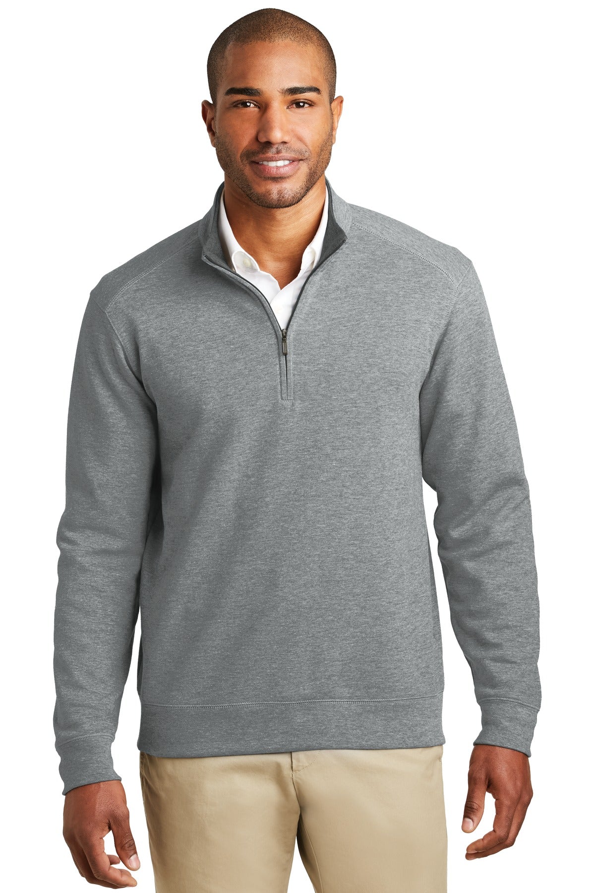 Custom logo Port Authority® Interlock 1/4-Zip. K807 in Medium Heather Grey/ Charcoal Heather