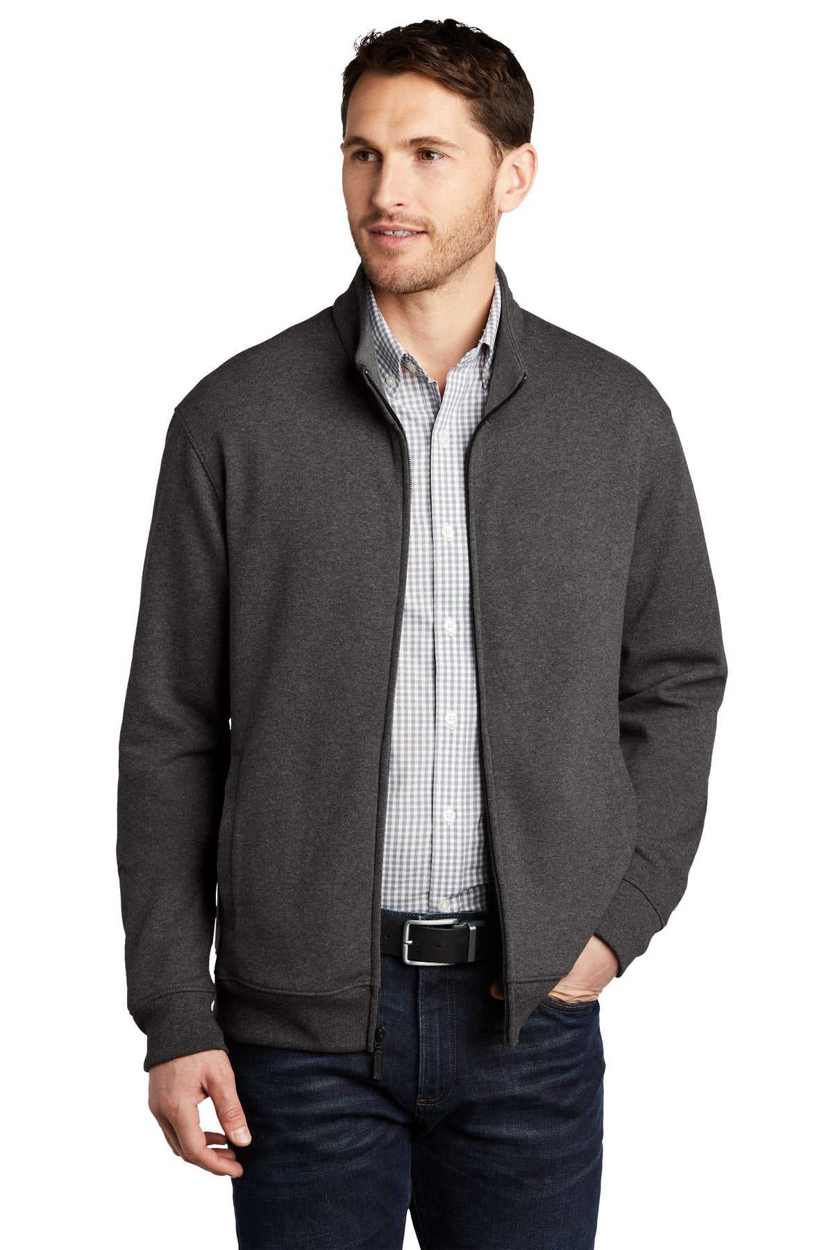 Custom logo Port Authority ® Interlock Full-Zip. K809 in Charcoal Heather/ Medium Heather Grey