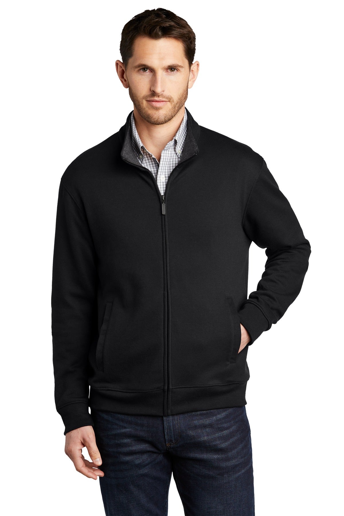 Custom logo Port Authority ® Interlock Full-Zip. K809 in Deep Black/ Charcoal Heather