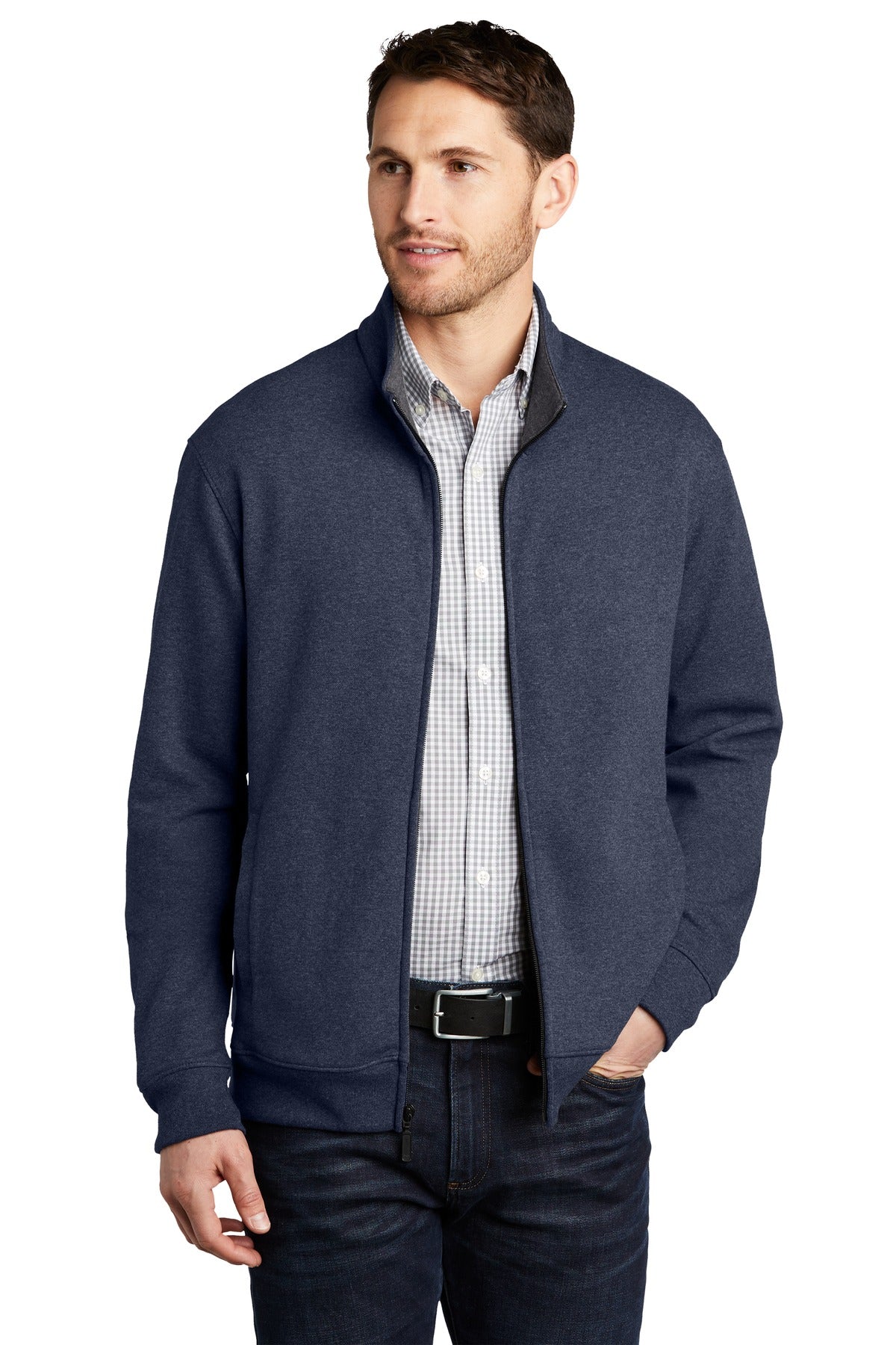 Custom logo Port Authority ® Interlock Full-Zip. K809 in Estate Blue Heather/ Charcoal Heather